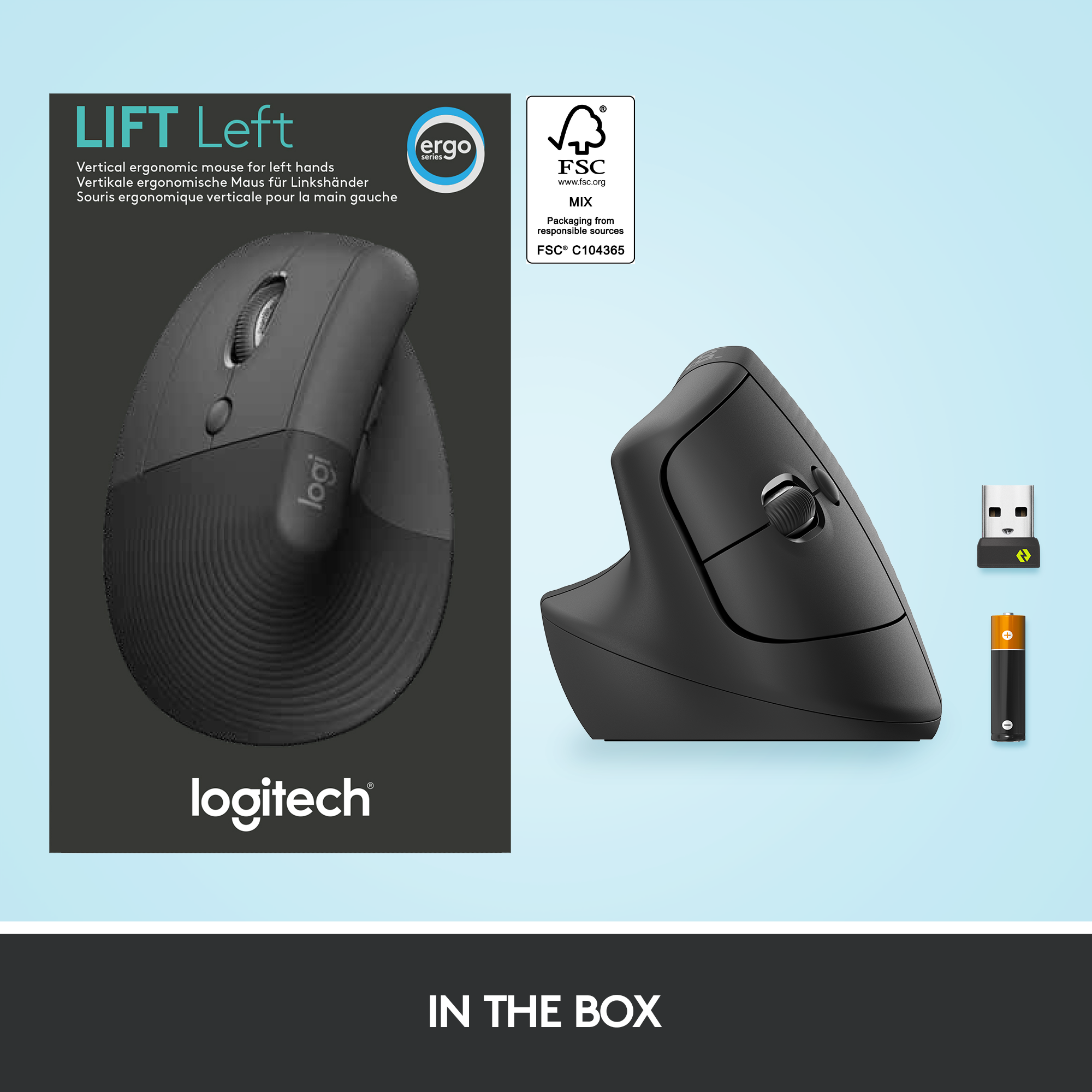 Schwarze ergonomische Maus und Verpackung, mit USB-Empfänger und Batterie.