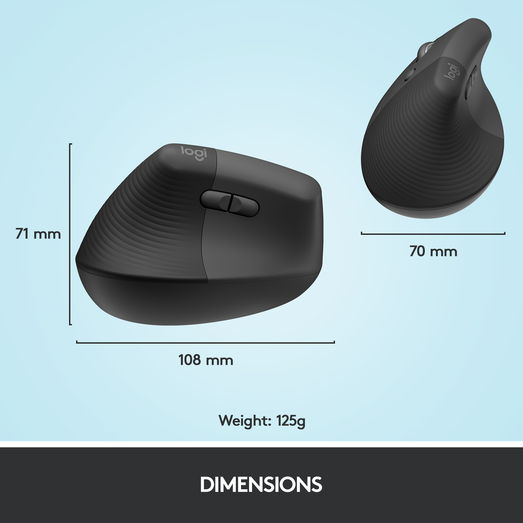 Schwarze ergonomische Maus mit Abmessungen auf blauem Hintergrund.