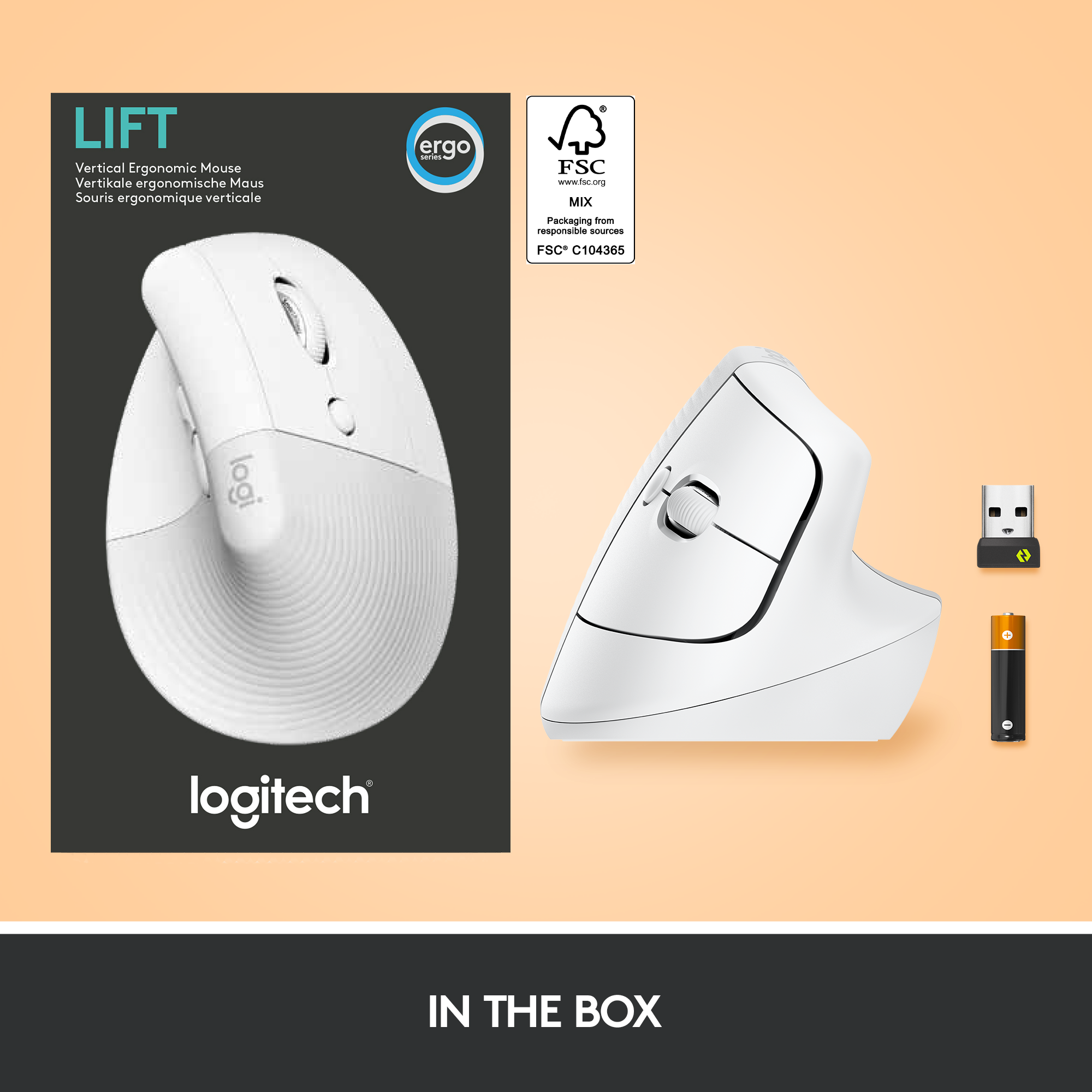Weiße ergonomische Maus mit schwarzem Scrollrad und Tasten. Box und USB-Dongle sichtbar.