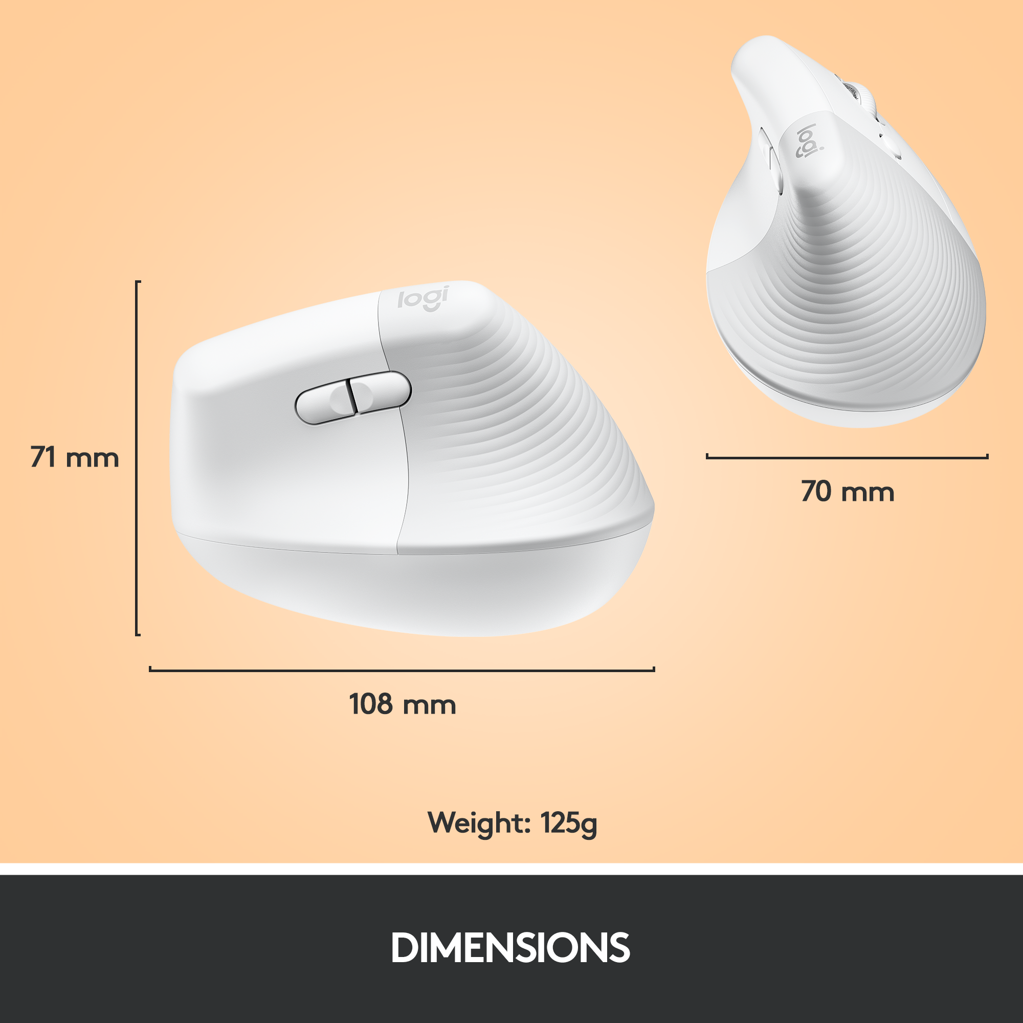 Weiße ergonomische Maus mit Abmessungen und Gewichtsangaben.