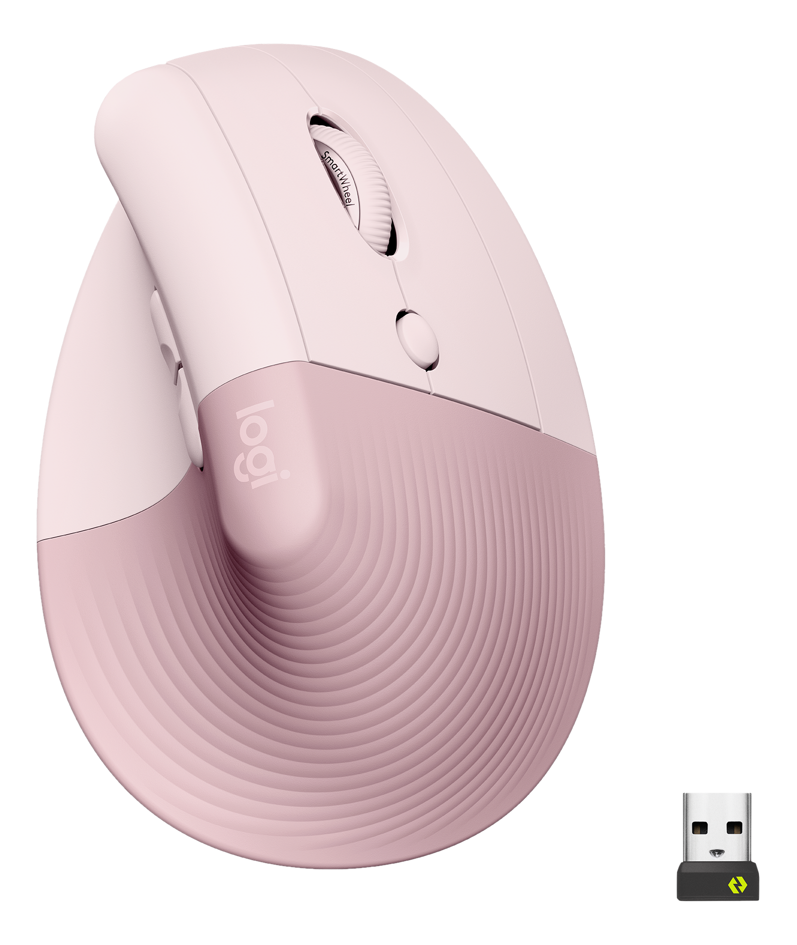 Eine pinke Logitech-Maus mit Smart-Rad und USB-Empfänger auf schwarzem Hintergrund.