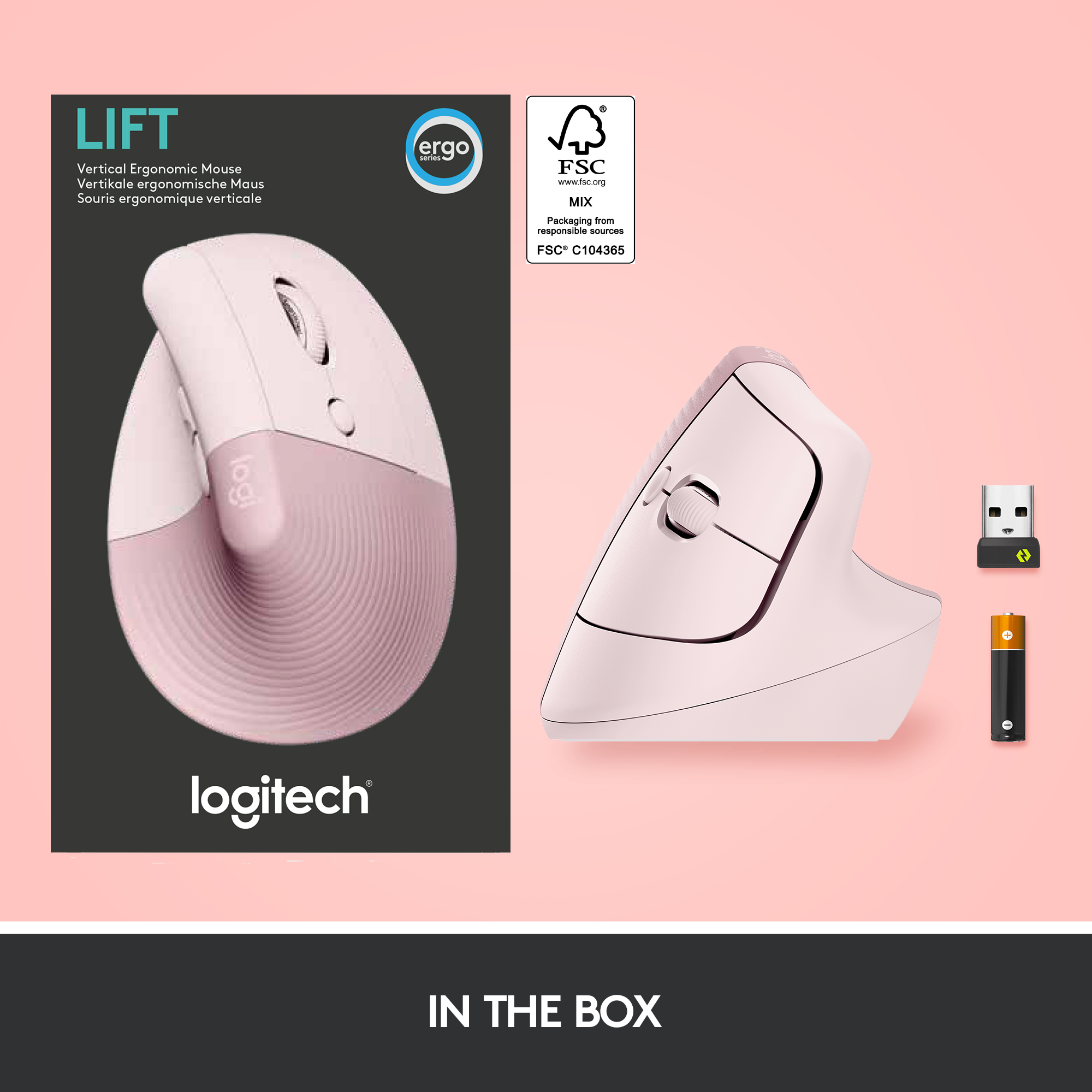 Ein pinker vertikaler Logitech Lift Mauseingabegerät mit USB-Dongle und AA-Batterie.