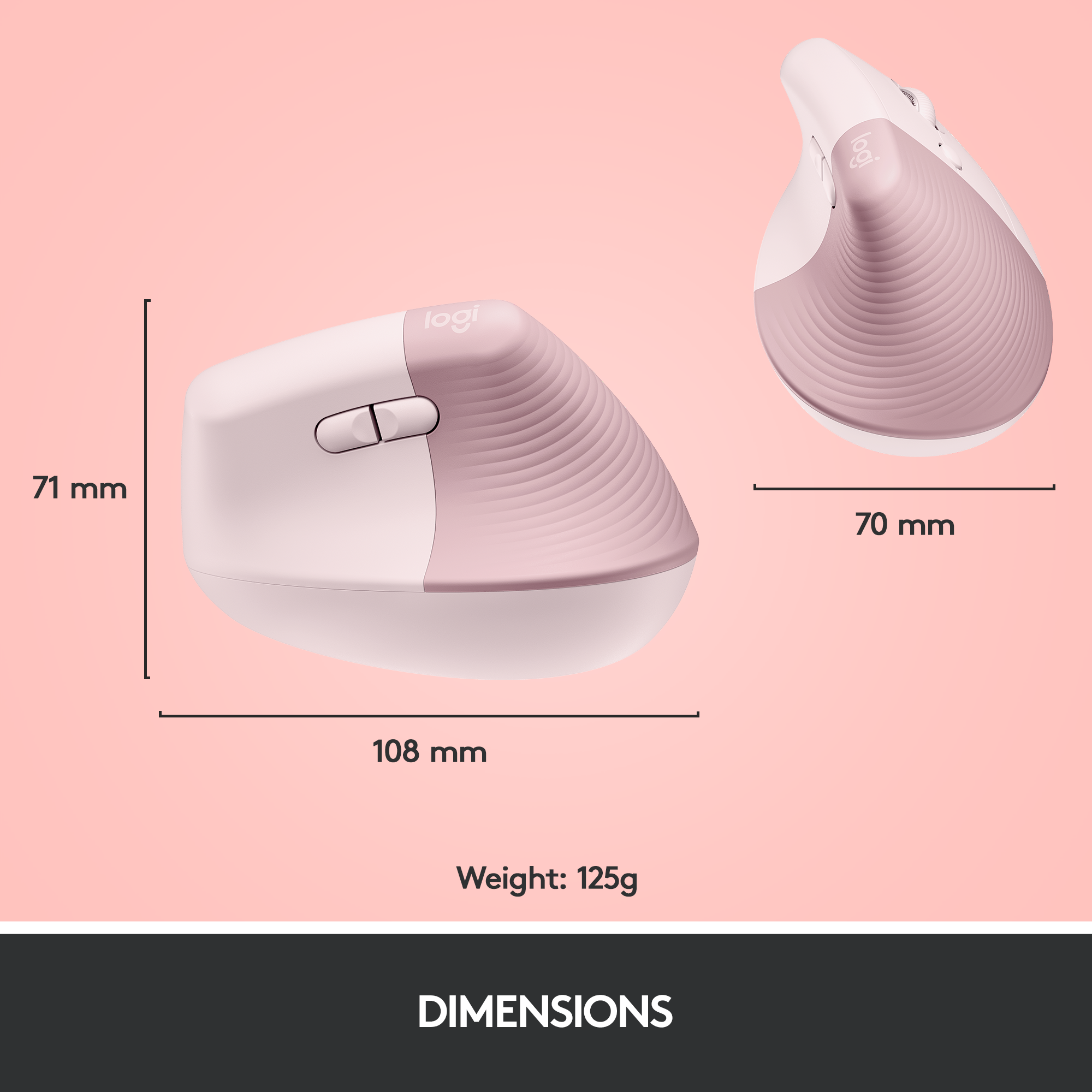 Weiße und pinke Logitech-Maus mit Maßen 71x108x70mm, Gewicht 125g.