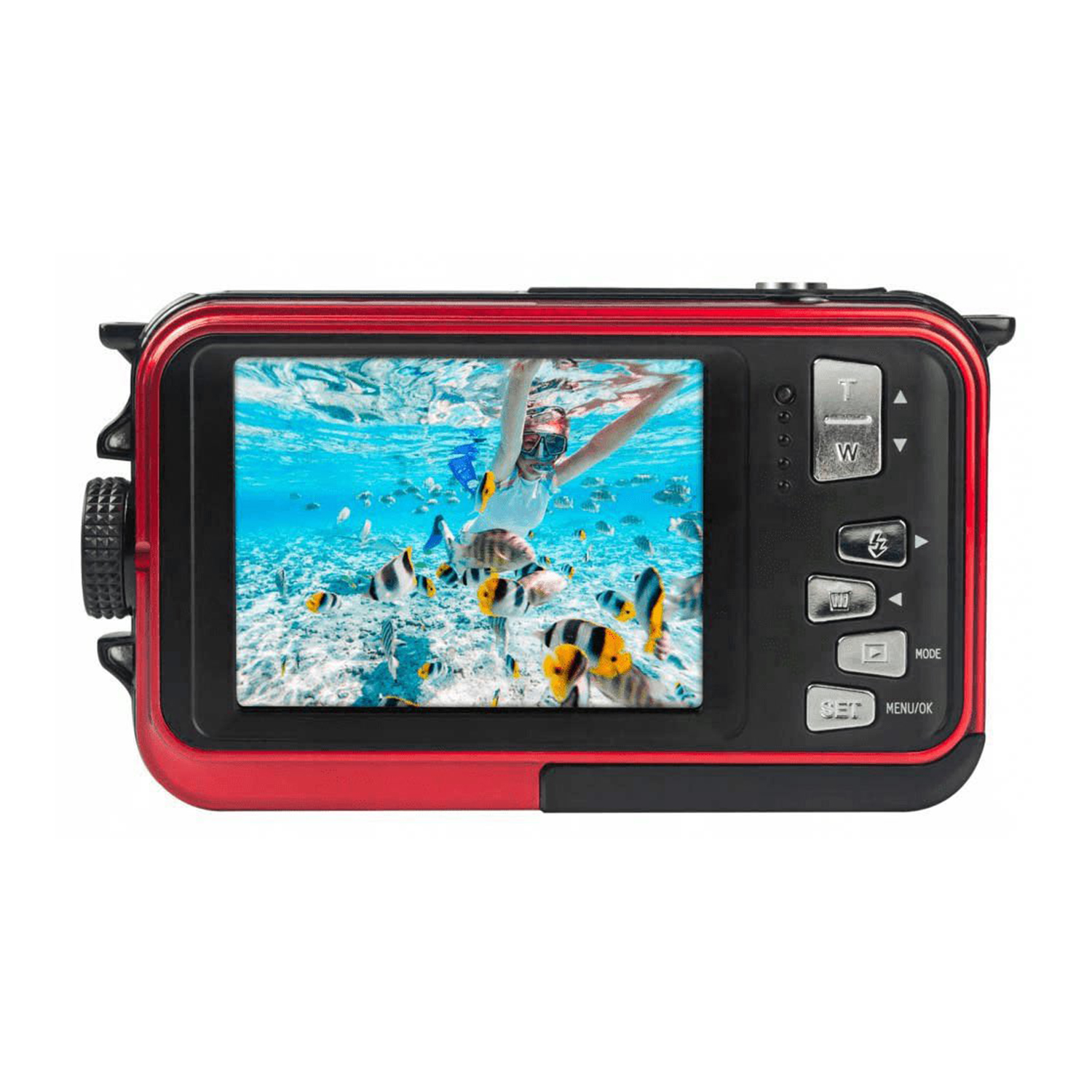 Fotocamera rossa impermeabile che mostra una persona che fa snorkeling tra pesci sott'acqua.