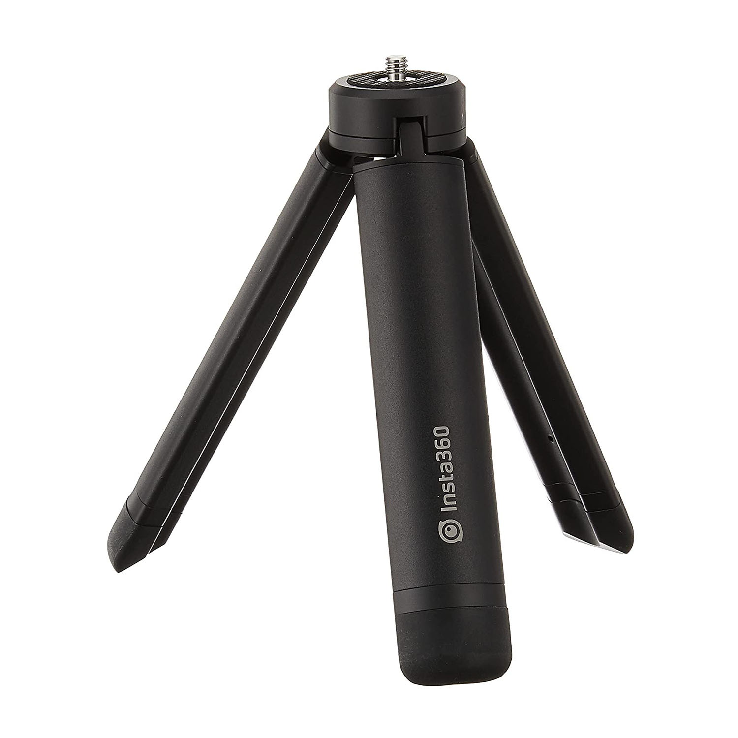 Treppiede nero Insta360, piegato, con tre gambe e un'impugnatura.