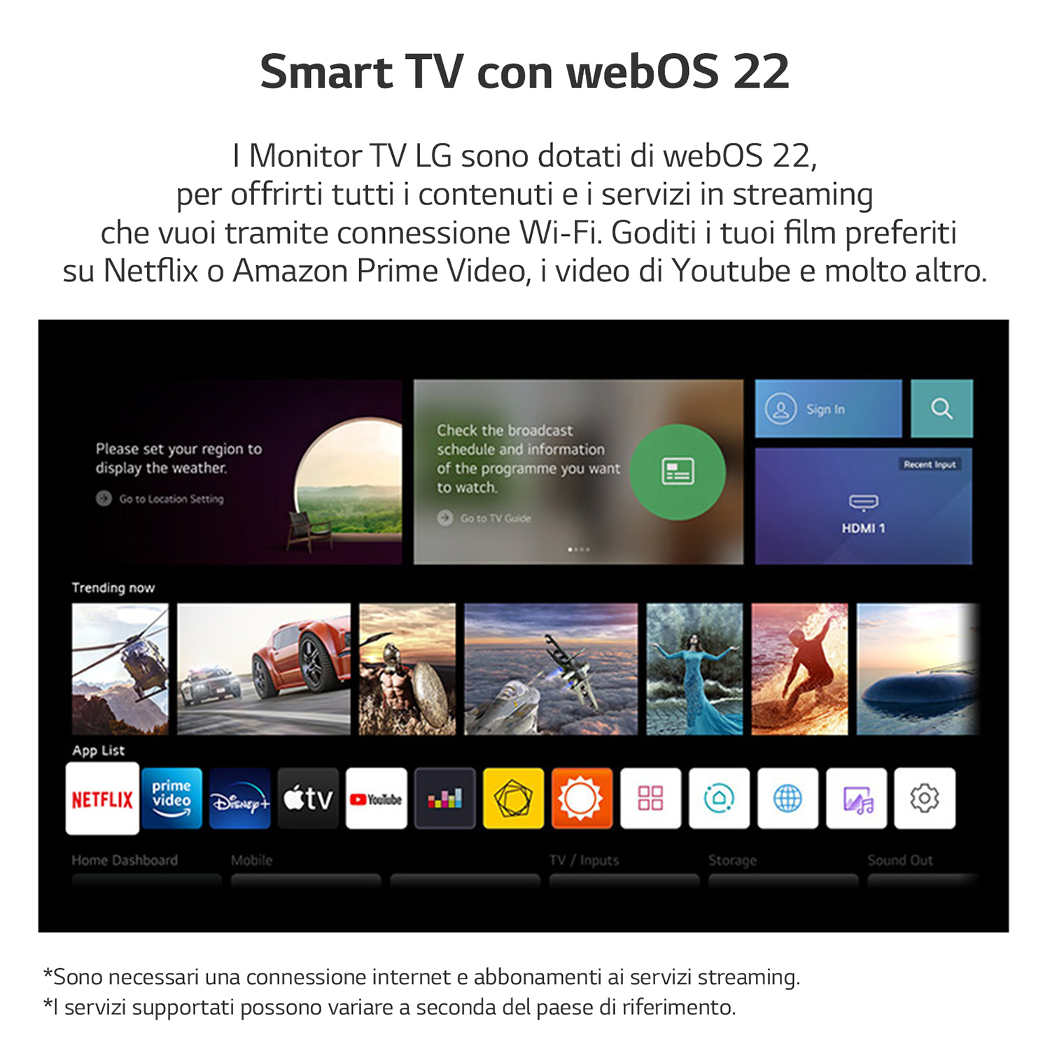 Uno schermo di Smart TV con menu e app visualizzate, con testo in italiano.
