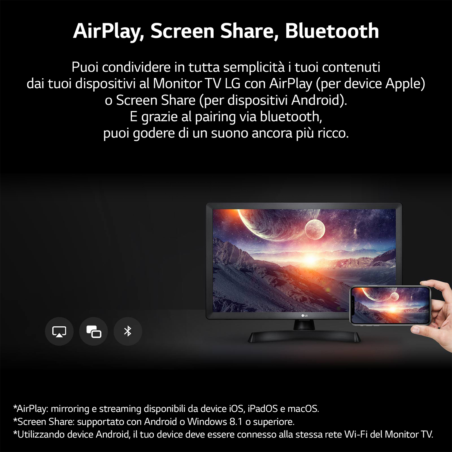 Uno schermo TV nero mostra un'immagine colorata, con un telefono che replica il contenuto.