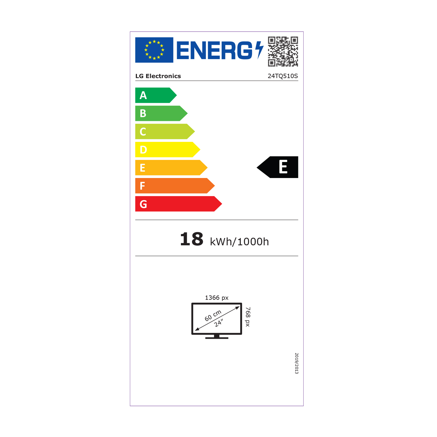 Etichetta energetica per un TV LG da 24 pollici, che mostra la classe di efficienza energetica E.