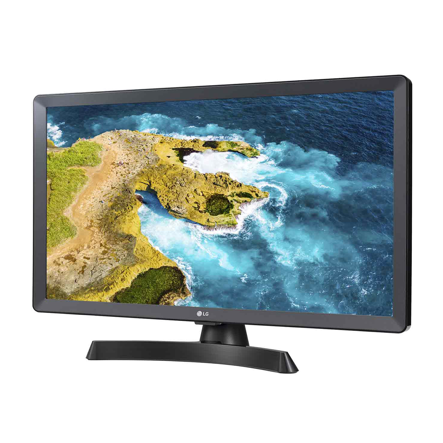 Una TV nera su un supporto nero che mostra una scena costiera.
