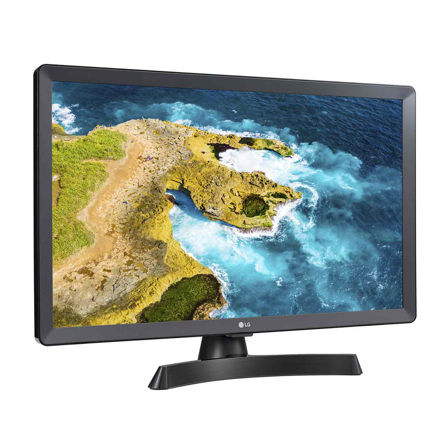 Uno schermo TV nero con un paesaggio marino, cornice nera, supporto nero.