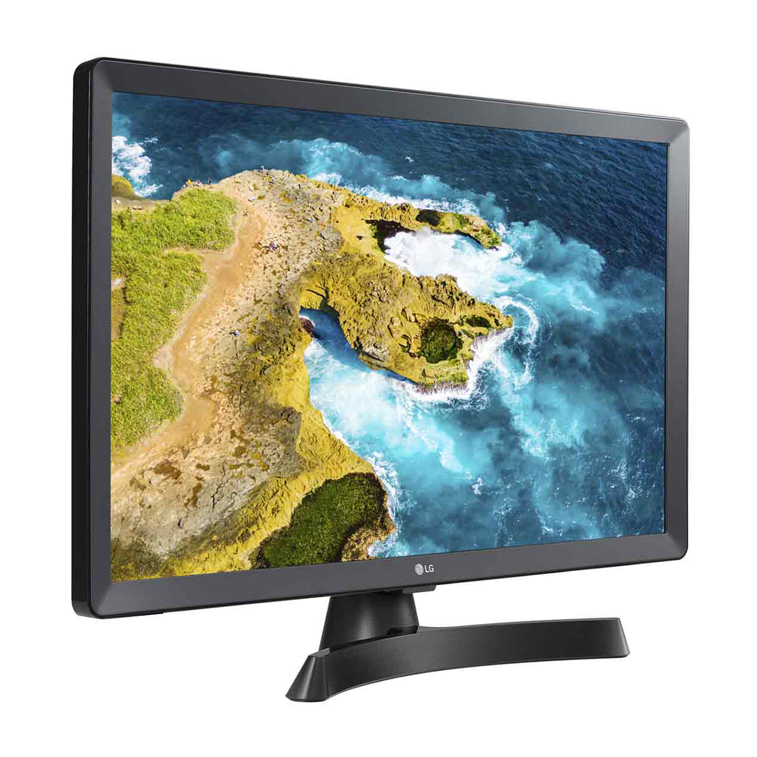 Un monitor nero visualizza un vivace paesaggio costiero con oceano e scogliere.