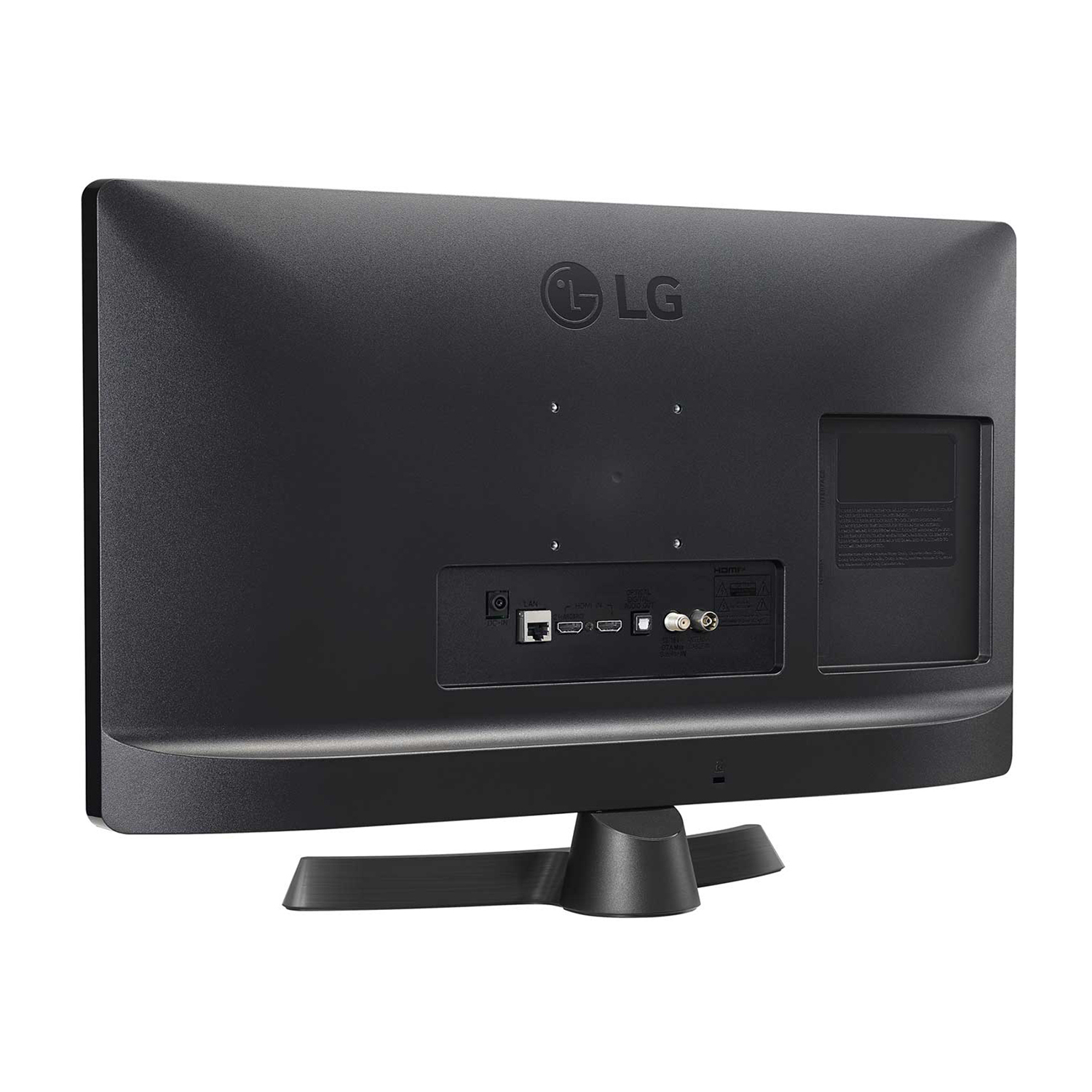 Vista posteriore di una TV LG nera. Porte e supporto visibili.