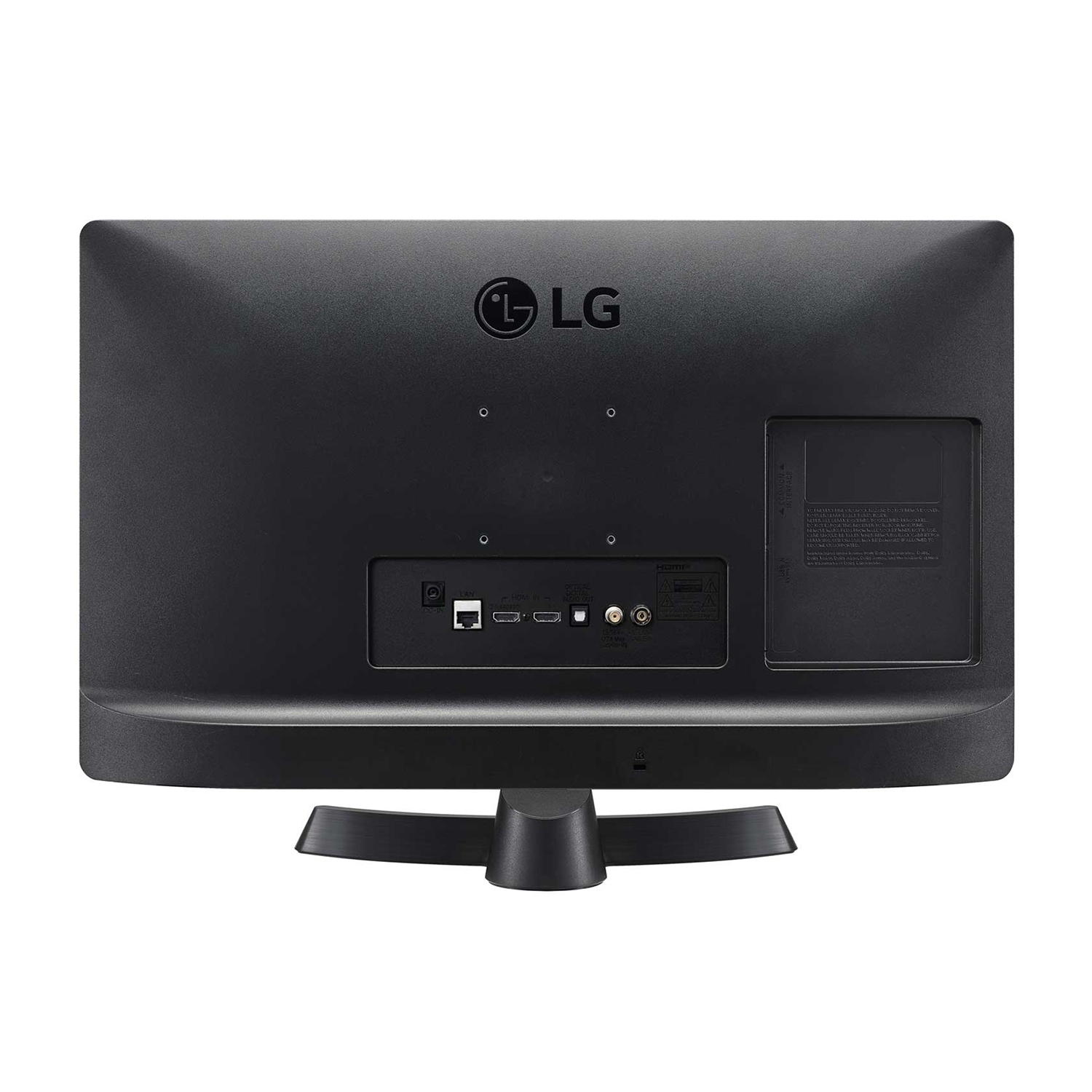 Retro di una TV LG nera. Contiene porte e connessioni, un semplice supporto nero.