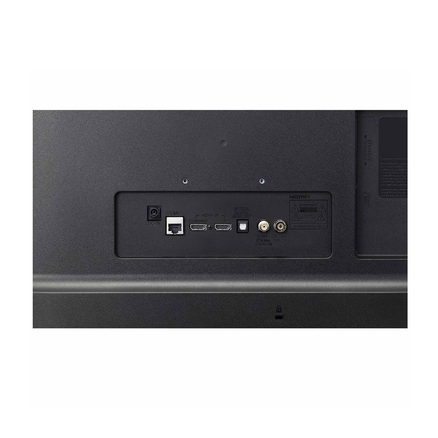 Primo piano del pannello posteriore di una TV nera con porte di connessione.