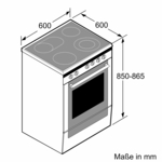 Diagramm eines weißen Elektroherds mit vier Kochfeldern und Abmessungen in mm.