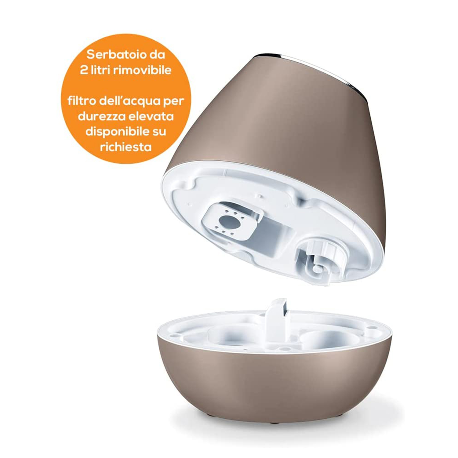 Un umidificatore beige e bianco con serbatoio rimovibile da 2 litri e filtro per acqua dura.