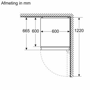 Een technische tekening die een kast toont met afmetingen in mm, afmetingen zijn 600x600x1220 mm.