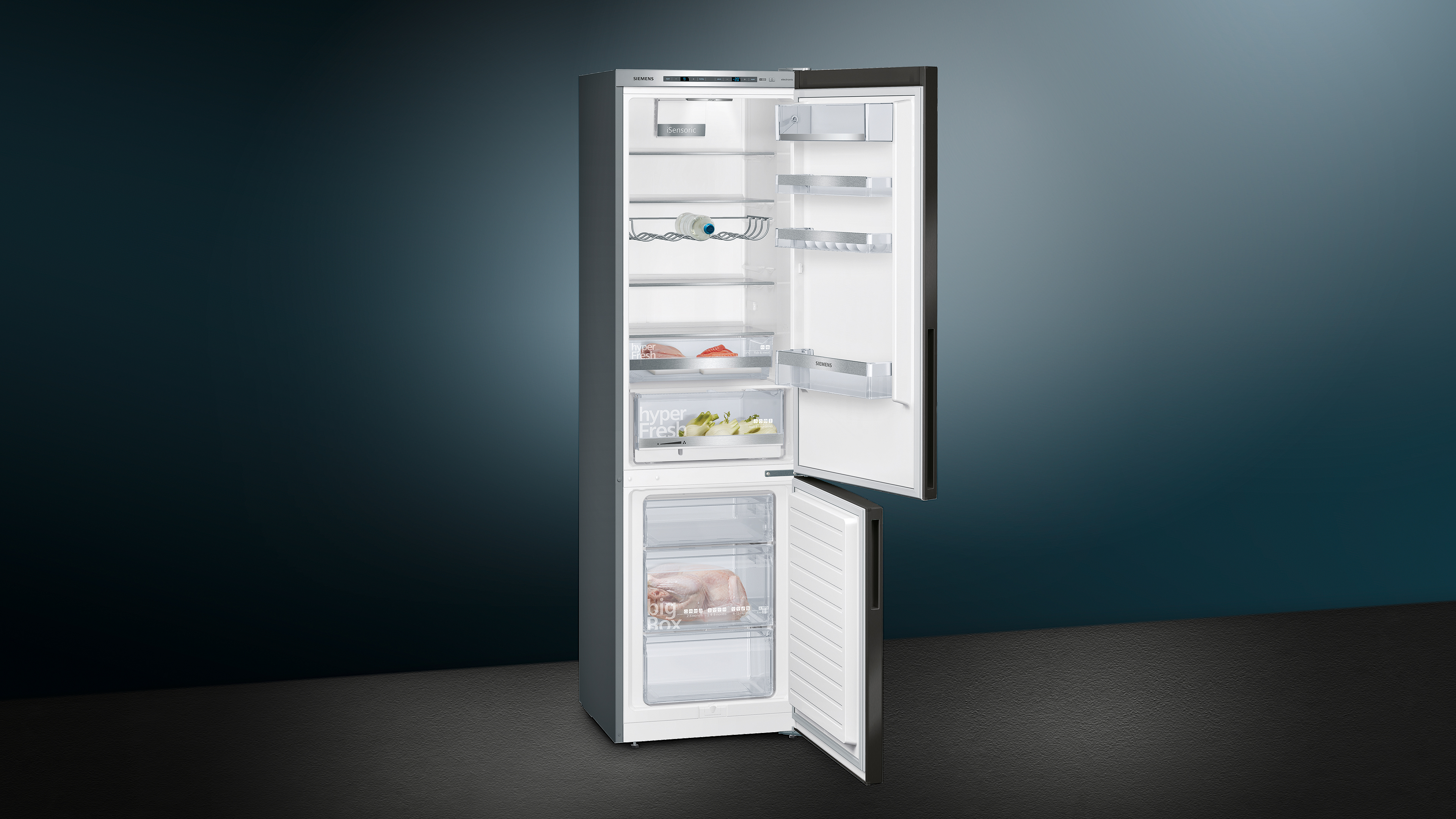 A white and silver refrigerator with the door open, revealing shelves and drawers.