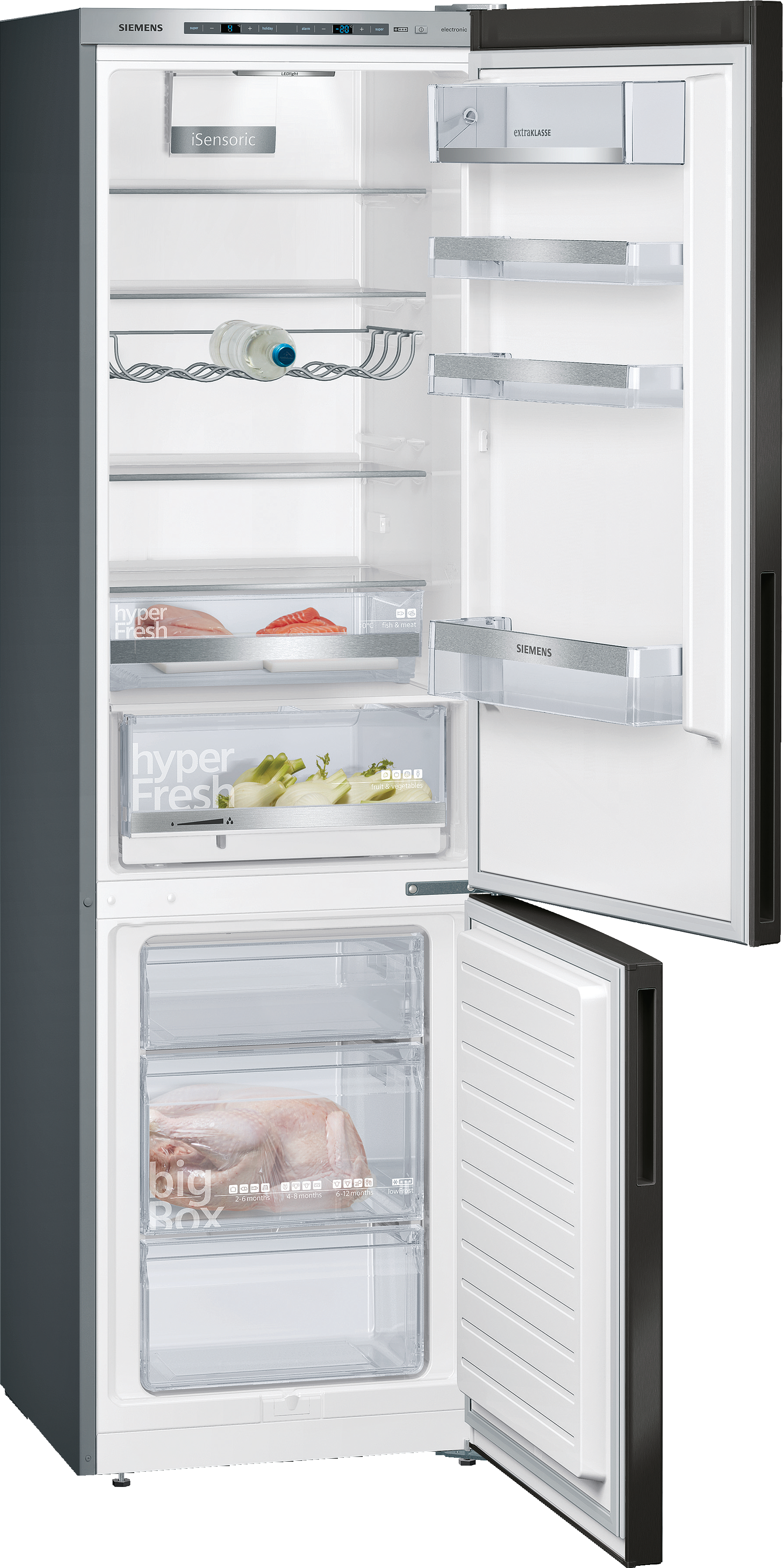 Open Siemens refrigerator with food inside. Includes shelves, drawers with meat, vegetables, and a frozen chicken. Door is open.