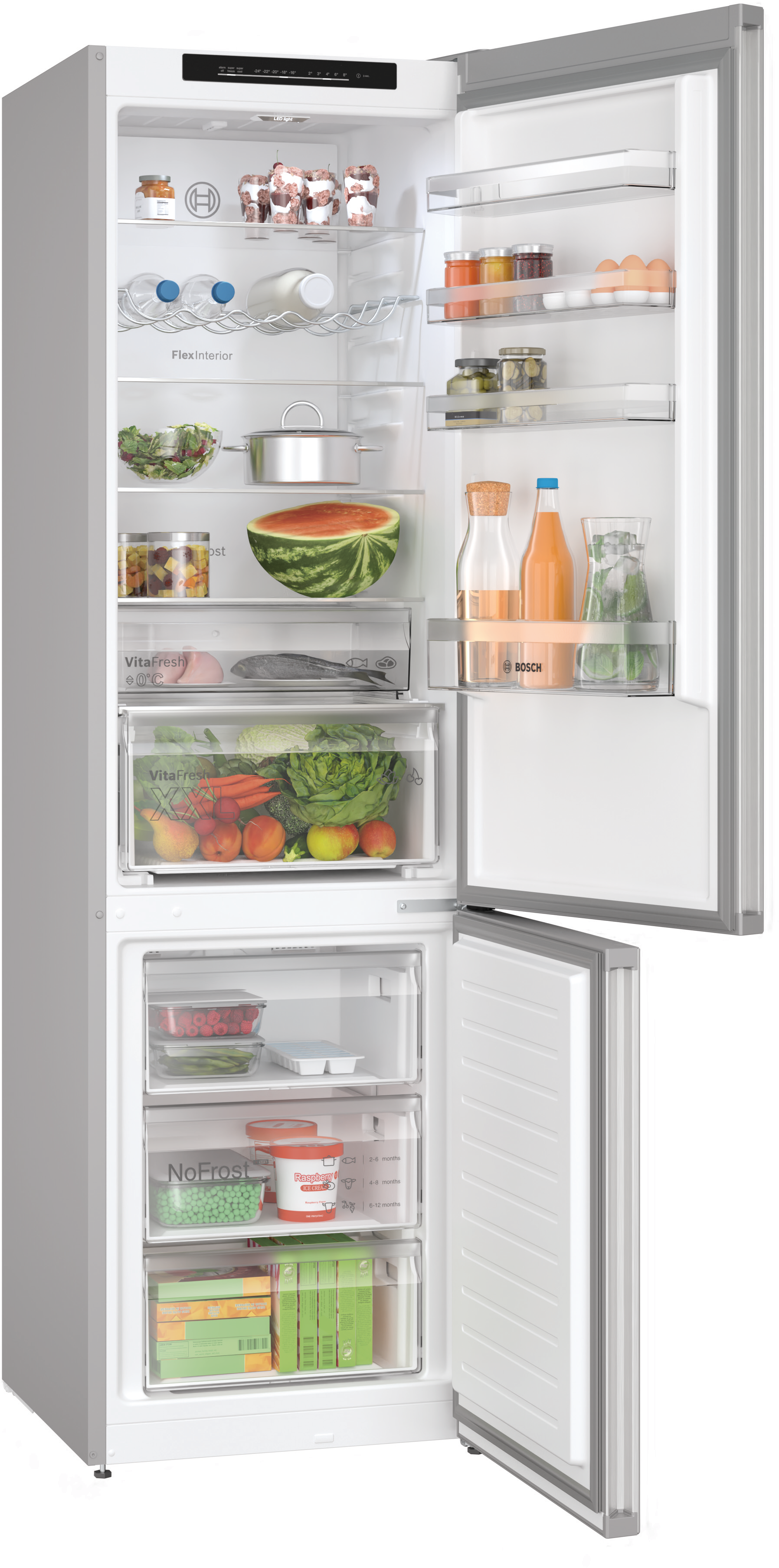 Bosch refrigerator with door open. Inside, shelves filled with food. White and silver colors.