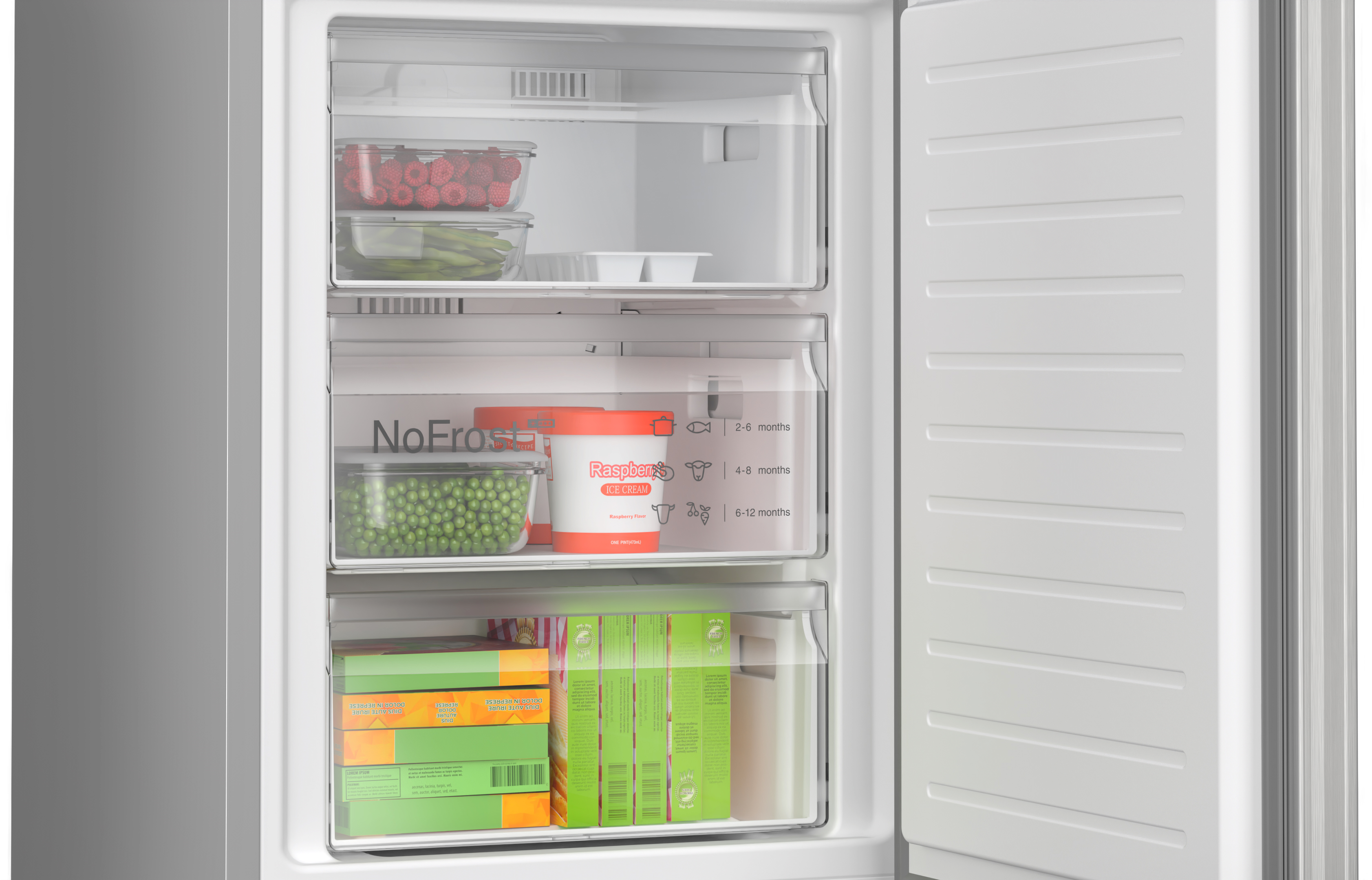 Refrigerator open showing food. Drawers with raspberries, peas, ice cream, and frozen meals.