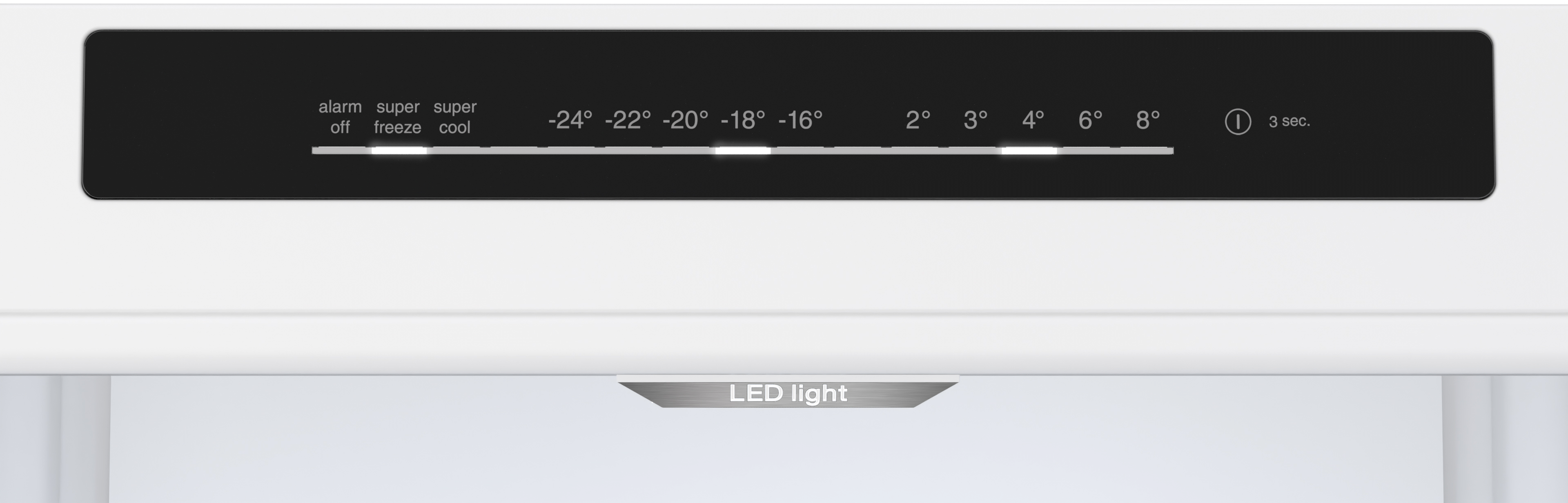 Refrigerator control panel. Temperature settings, with LED light indicator above the door.