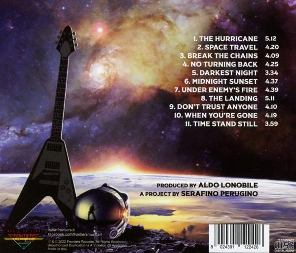 E-Gitarre im Weltraum mit Galaxie und Planeten-Sonnenuntergang. Trackliste und Infos.
