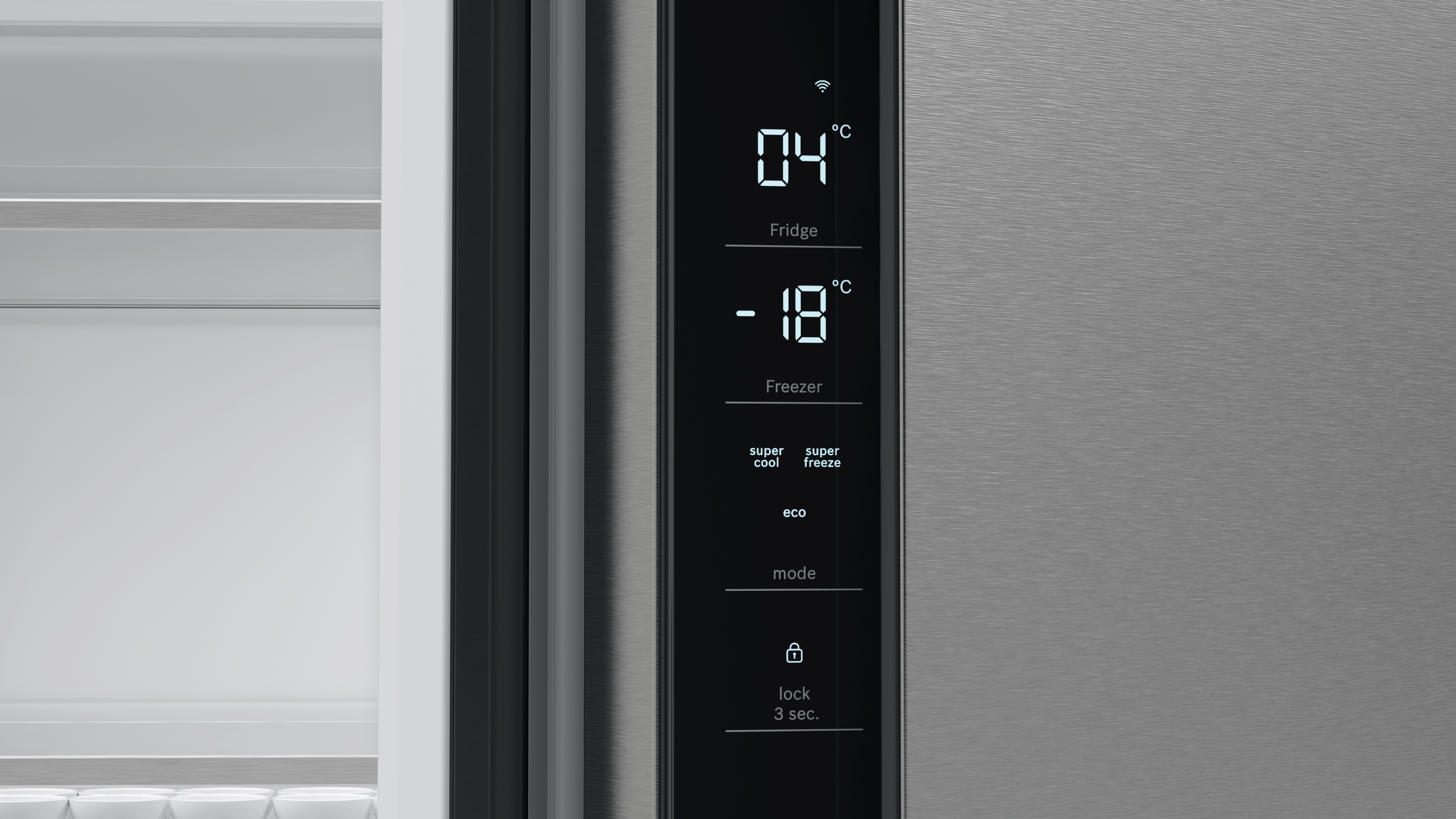Ein Kühlschrankschirm mit den Temperaturen für Kühl- und Gefrierfach sowie Optionen für Modus und Sperre.