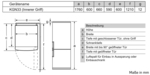 Diagramm eines Kühlschranks mit Abmessungen und Beschriftungen.