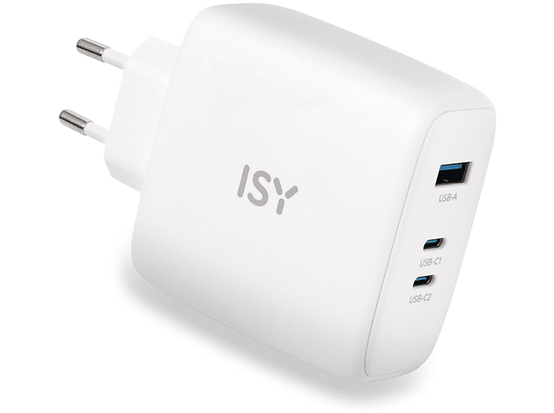 Caricabatteria ISY GAN charger 100W+Usb-Ctoc da 100W, Bianco