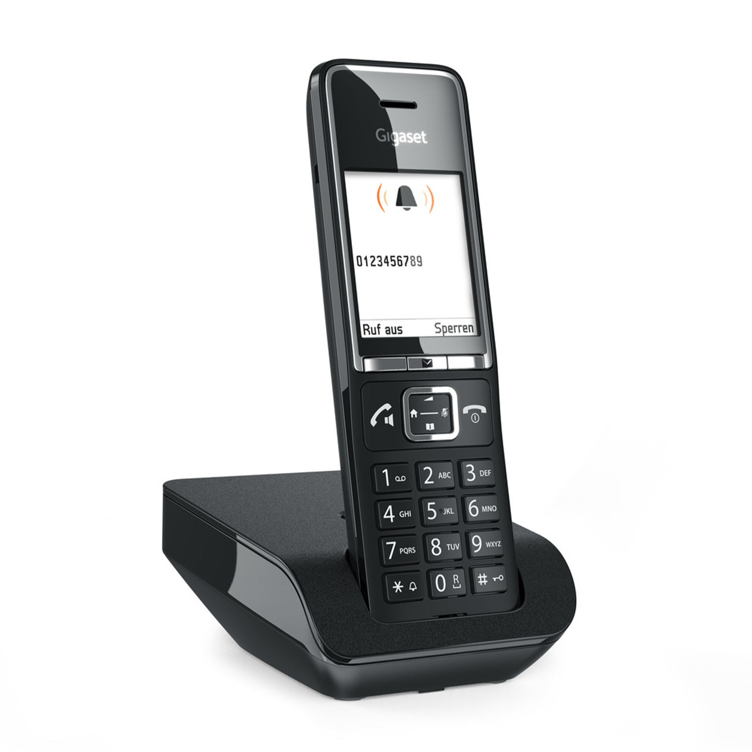 Telefono cordless Gigaset nero con base, display che mostra un numero, su sfondo bianco.