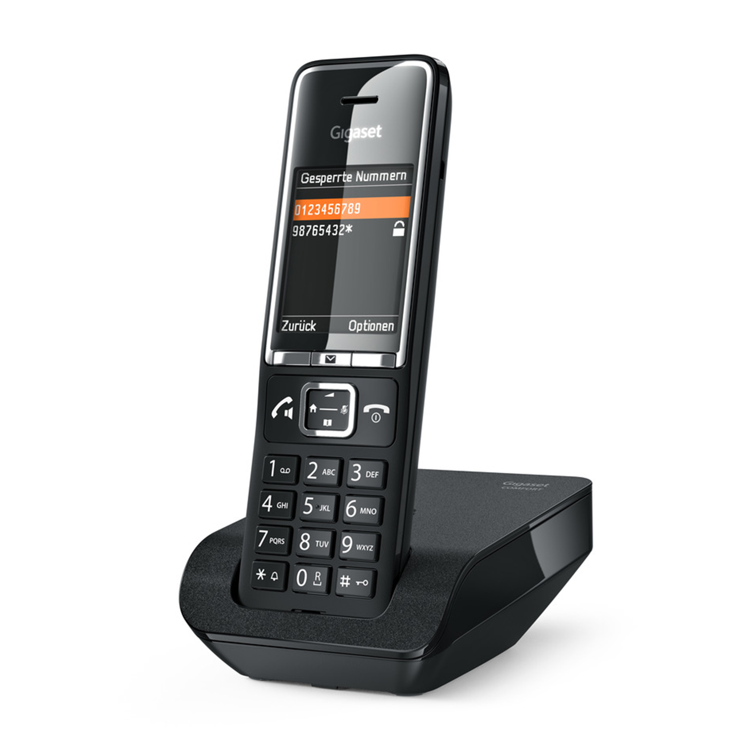 Un telefono cordless Gigaset nero sulla sua base di ricarica, che mostra un numero di telefono sullo schermo.