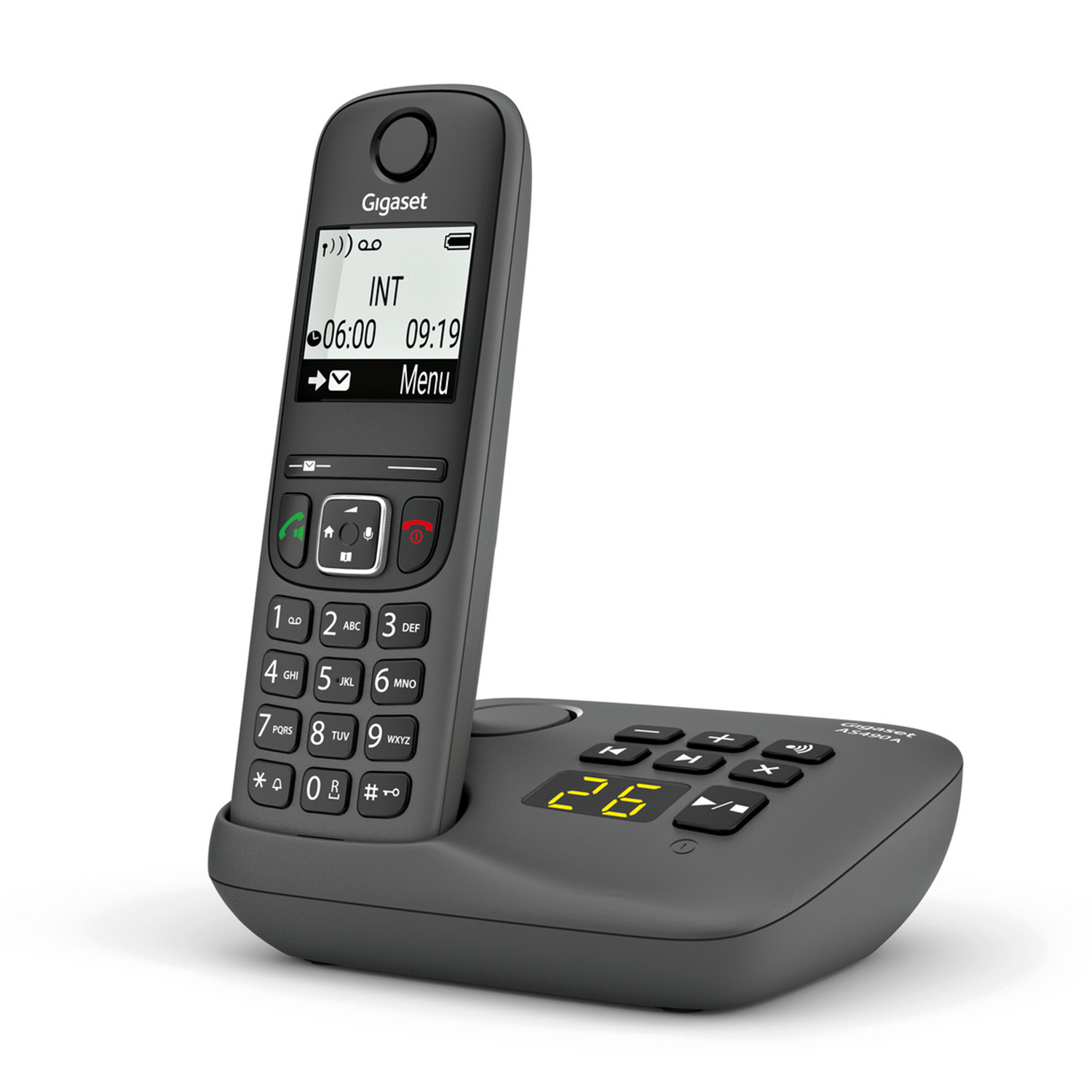 Un telefono cordless Gigaset con base. Il display mostra l'ora e lo stato.