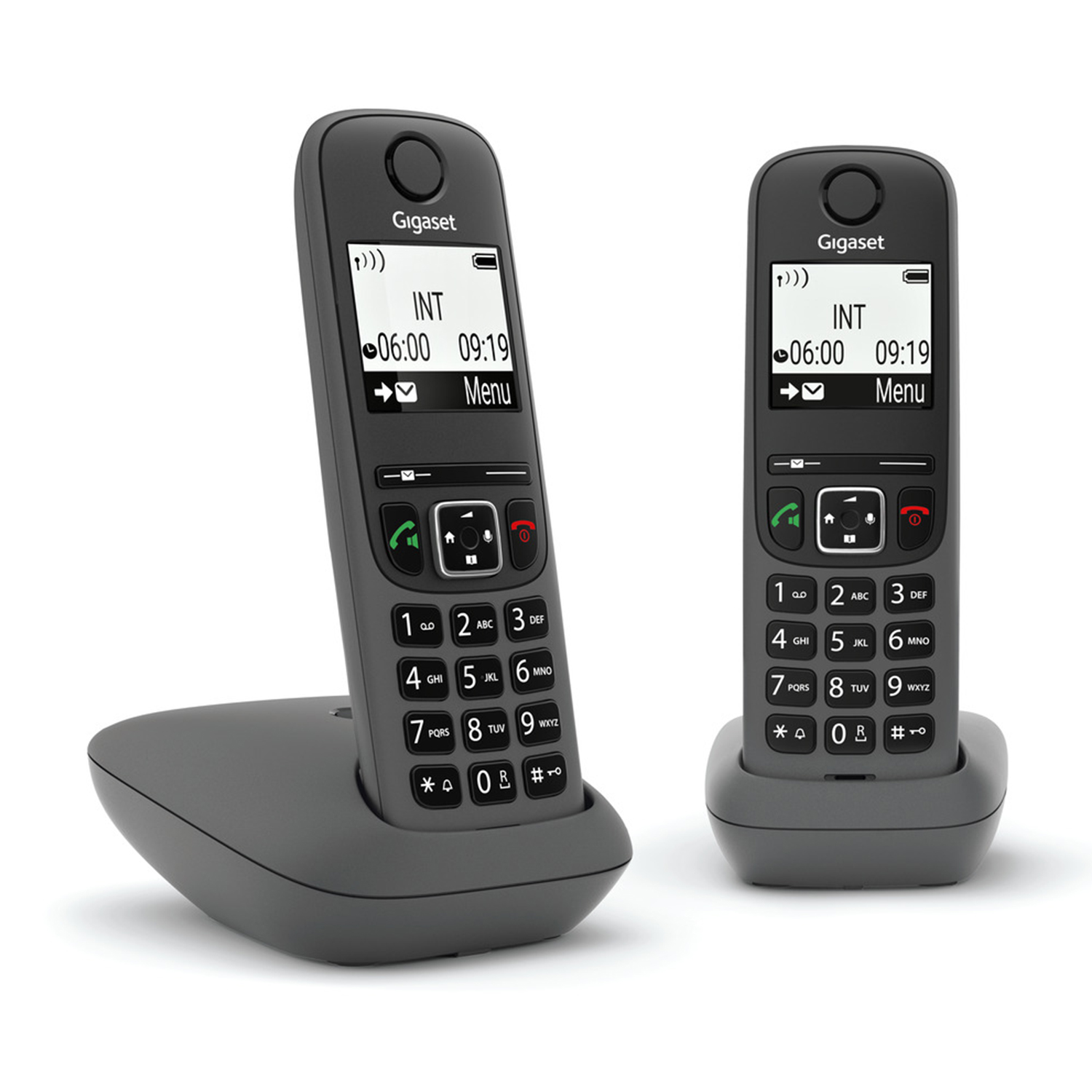 Due telefoni cordless Gigaset neri, uno in una base.
