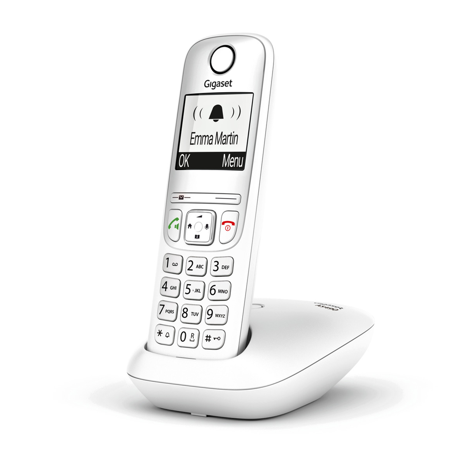 Telefono cordless Gigaset bianco su una base di ricarica, che mostra un nome di contatto sullo schermo.