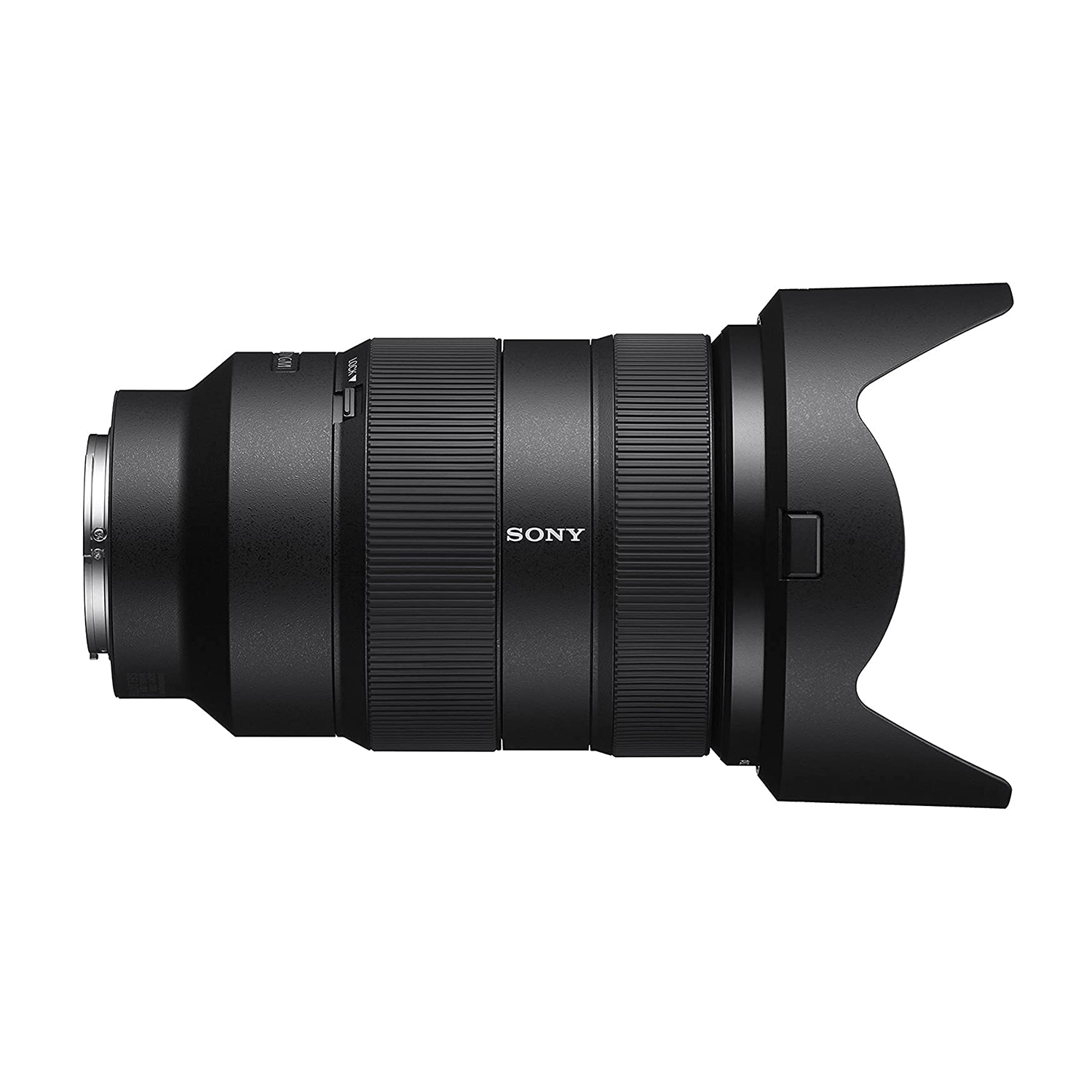 Obiettivo della fotocamera Sony nero, cilindrico con paraluce. Ha il testo Sony e vari anelli di regolazione.