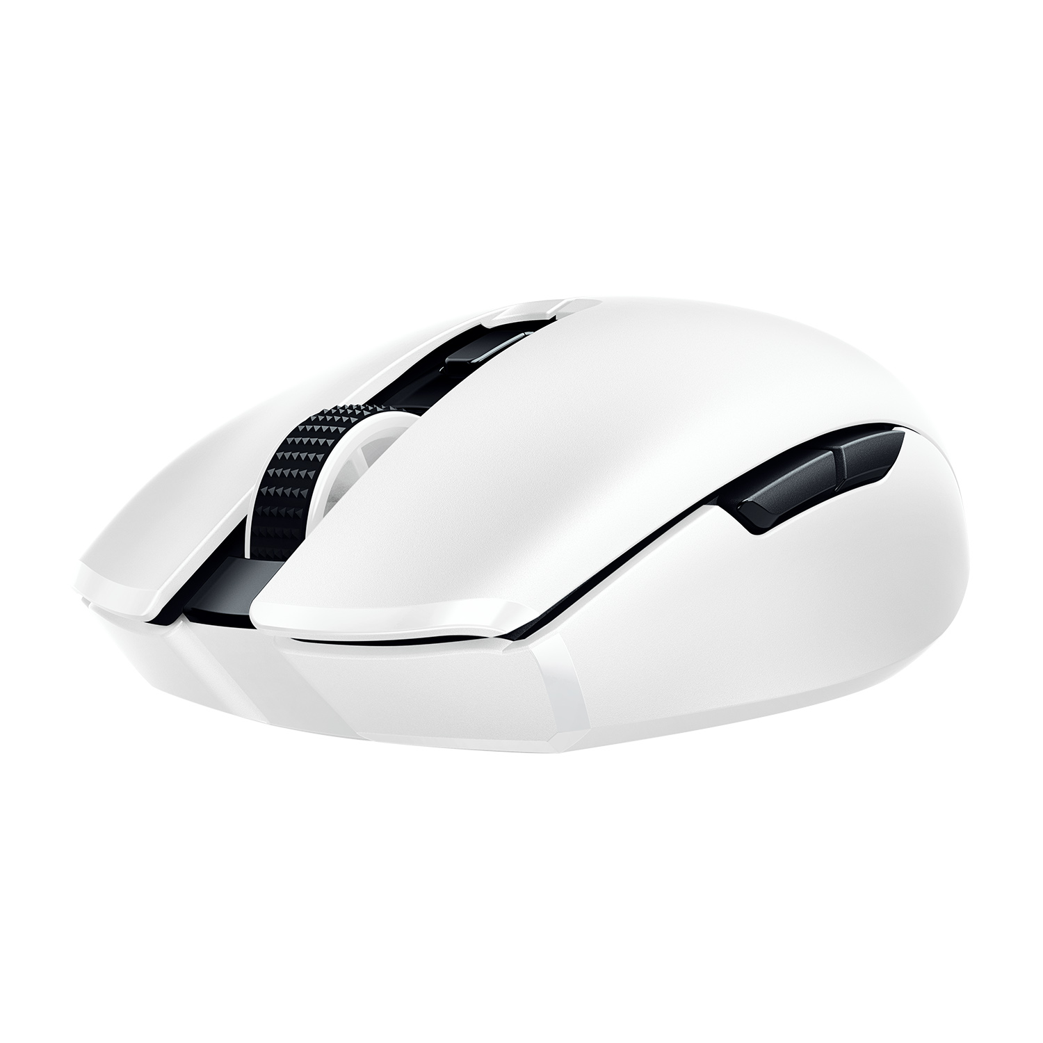 Mouse da gioco bianco con dettagli neri. La parte superiore ha una rotellina. Il mouse ha dei pulsanti.