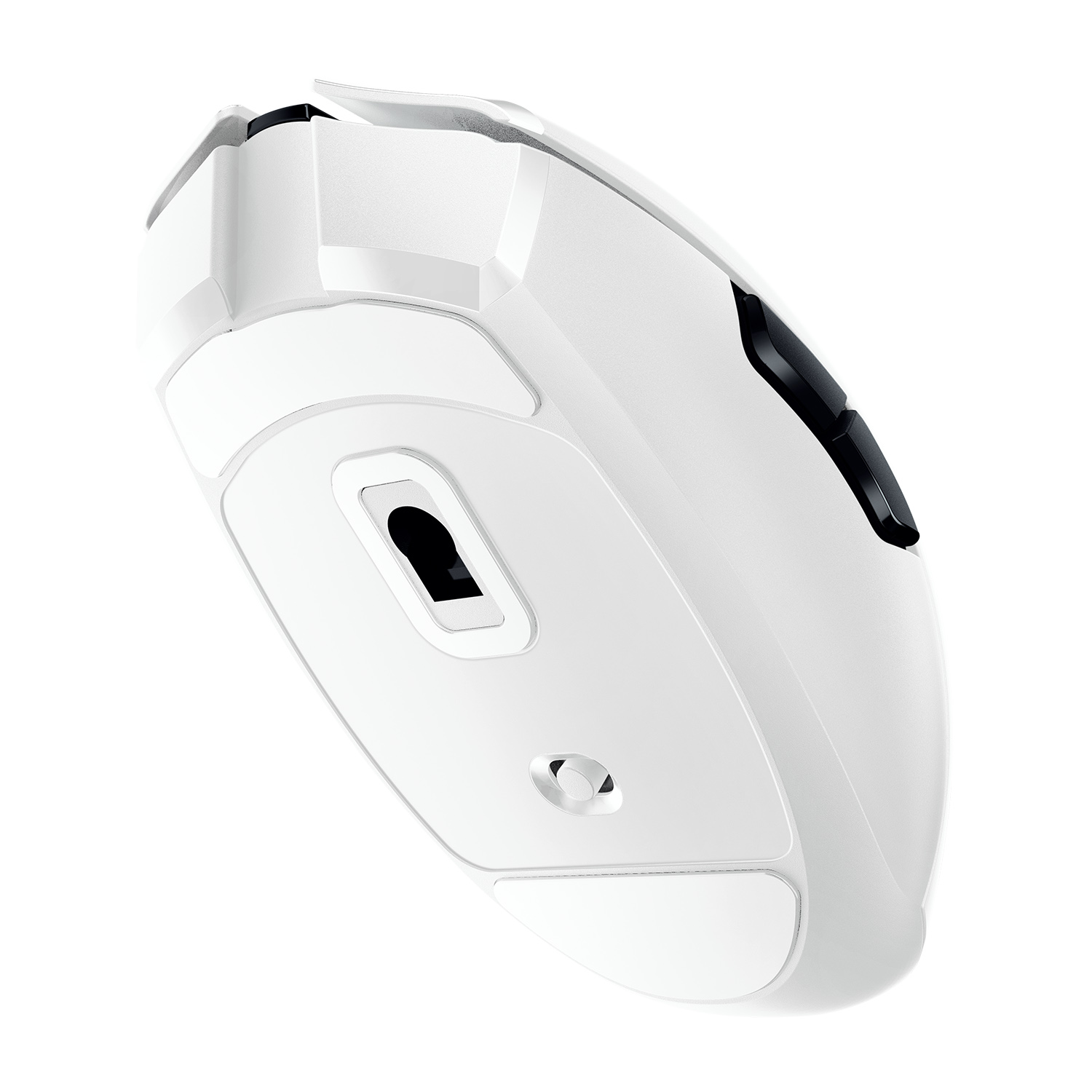Un mouse per computer bianco da una prospettiva elevata. Sono visibili i pulsanti e la rotella. Lo sfondo è bianco.