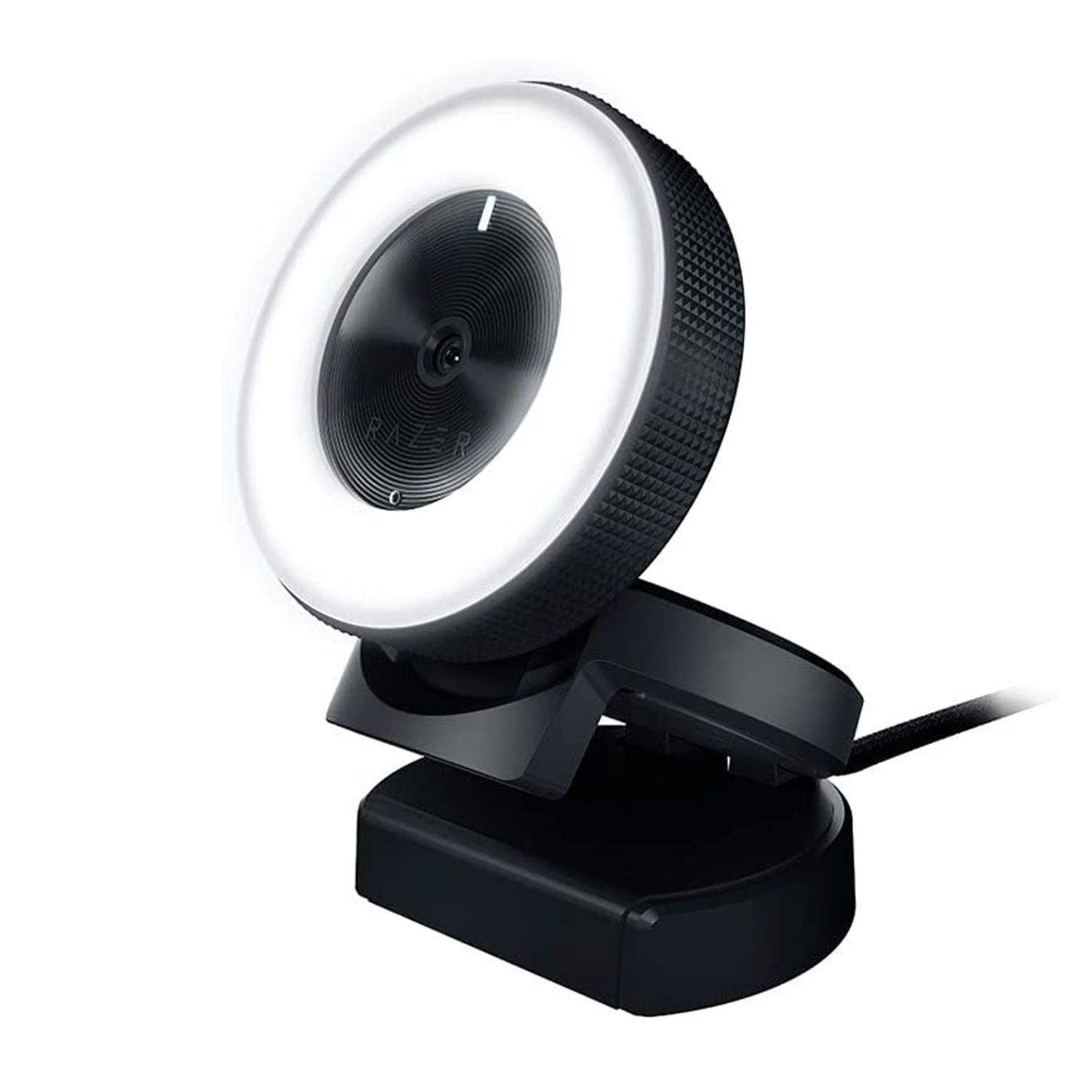 Webcam Razer nera con anello luminoso, vista angolata.
