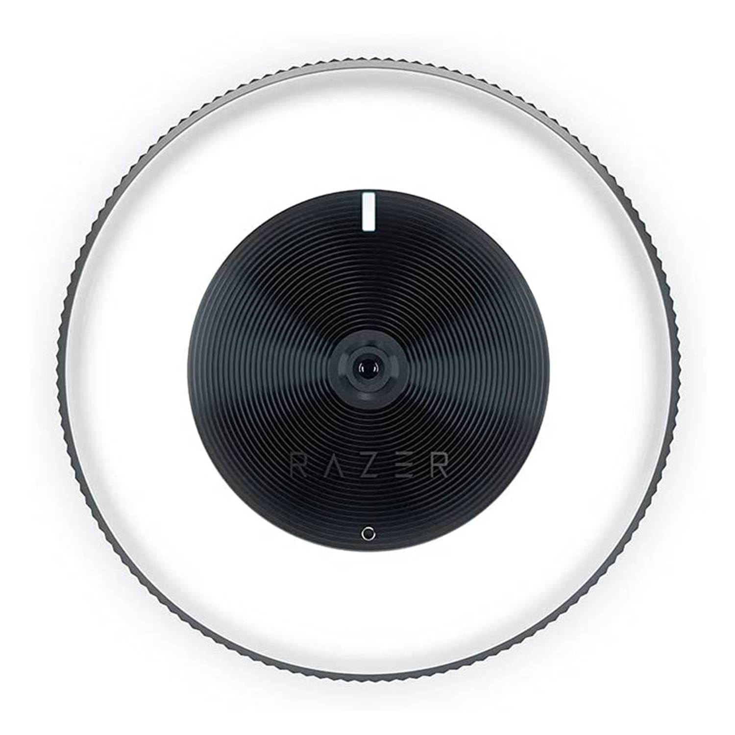 Vista dall'alto di un controllo audio Razer nero. È circolare con un quadrante rialzato.