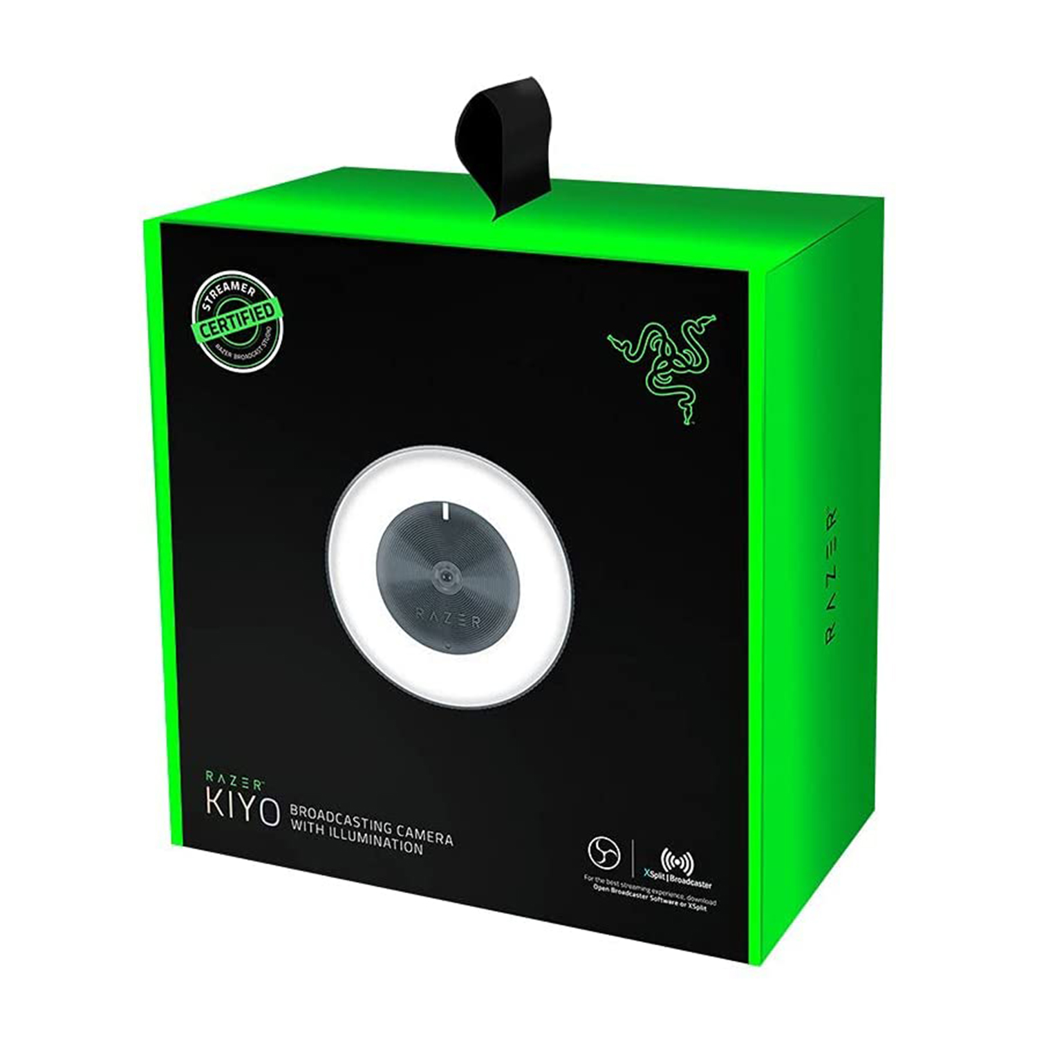 Scatola verde e nera con luce ad anello. La scatola ha il logo Razer.