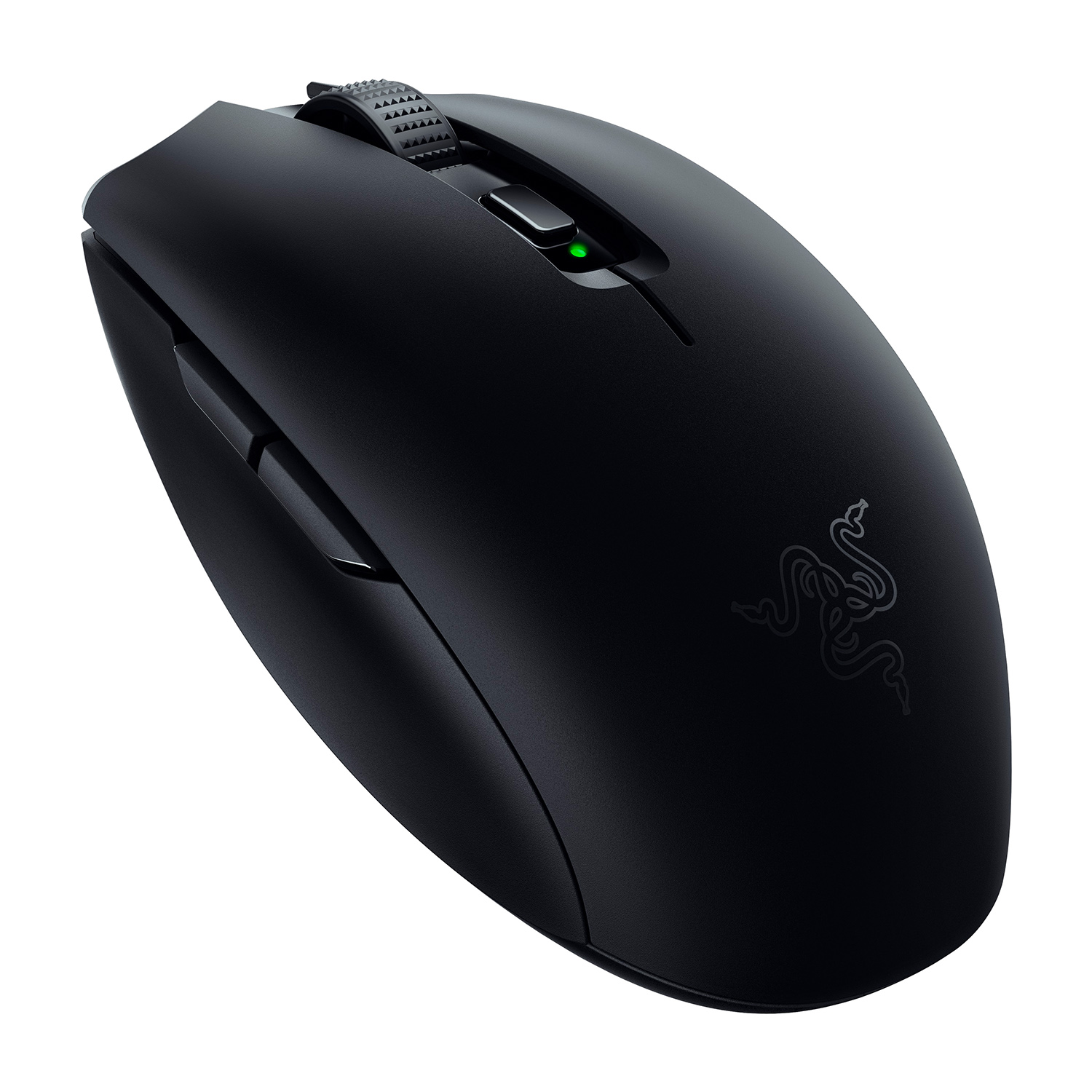 Mouse da gaming nero su sfondo bianco. Il mouse ha una rotella di scorrimento e pulsanti laterali.