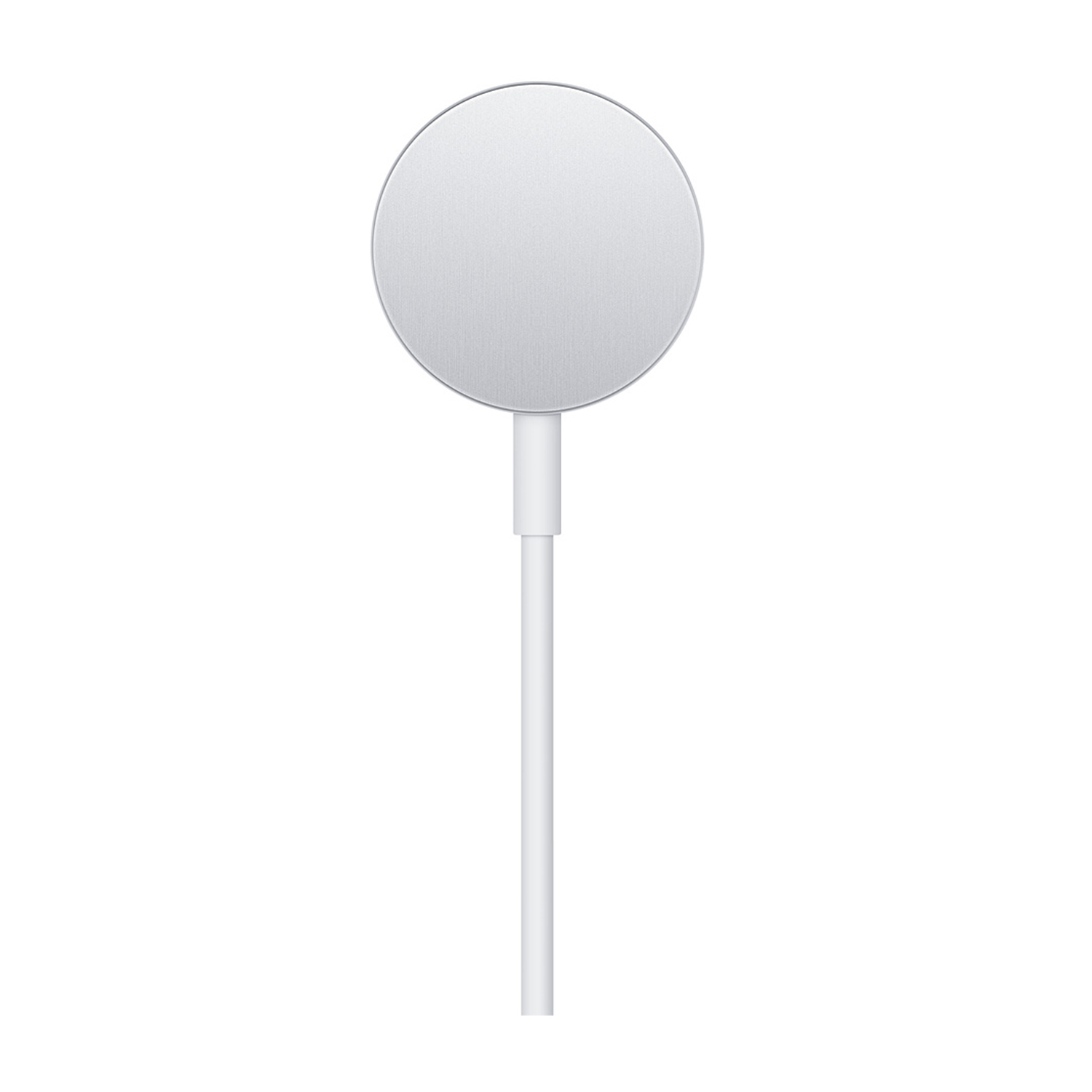 Vista dall'alto del caricatore Apple Watch bianco. Ha una faccia circolare e uno stelo bianco.