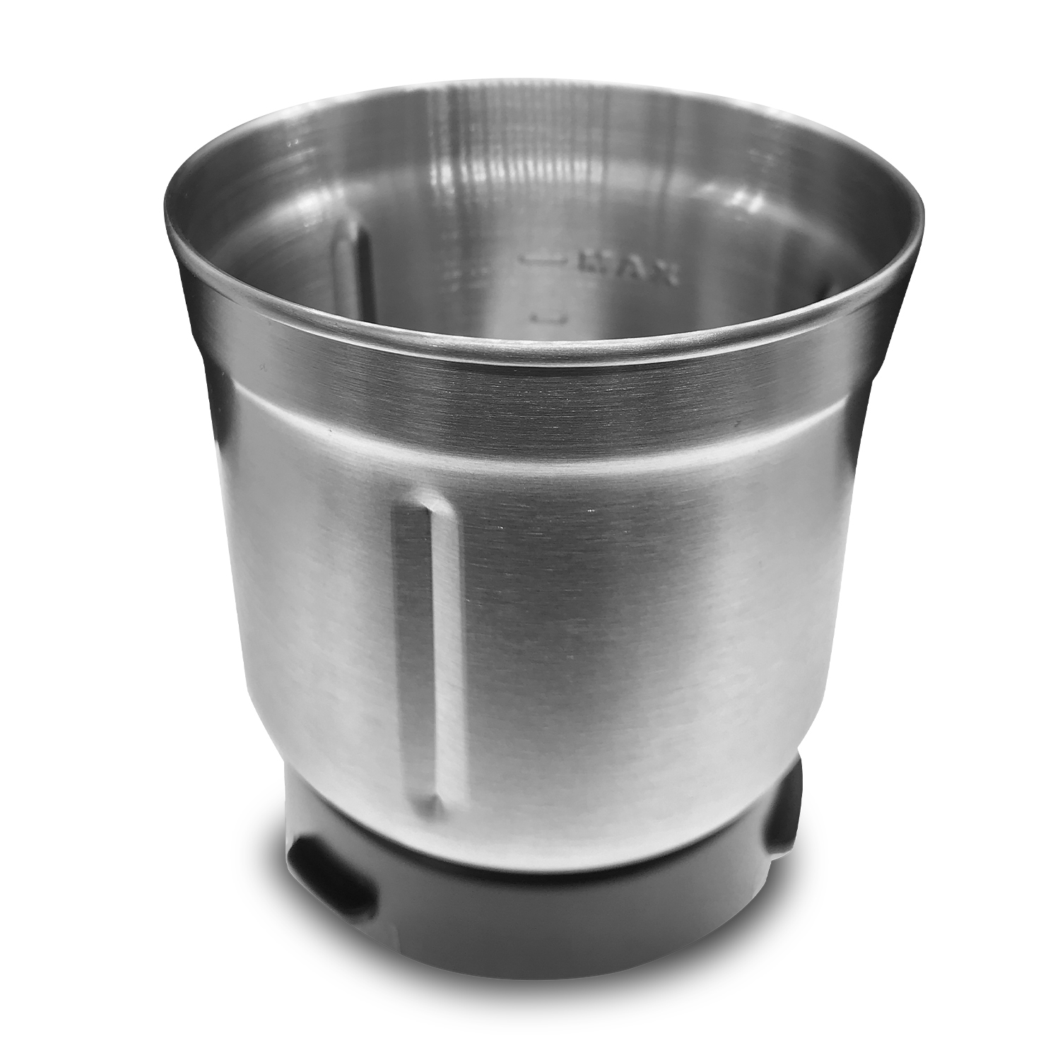 Tazza in acciaio inossidabile con base nera, angolata, su sfondo bianco.
