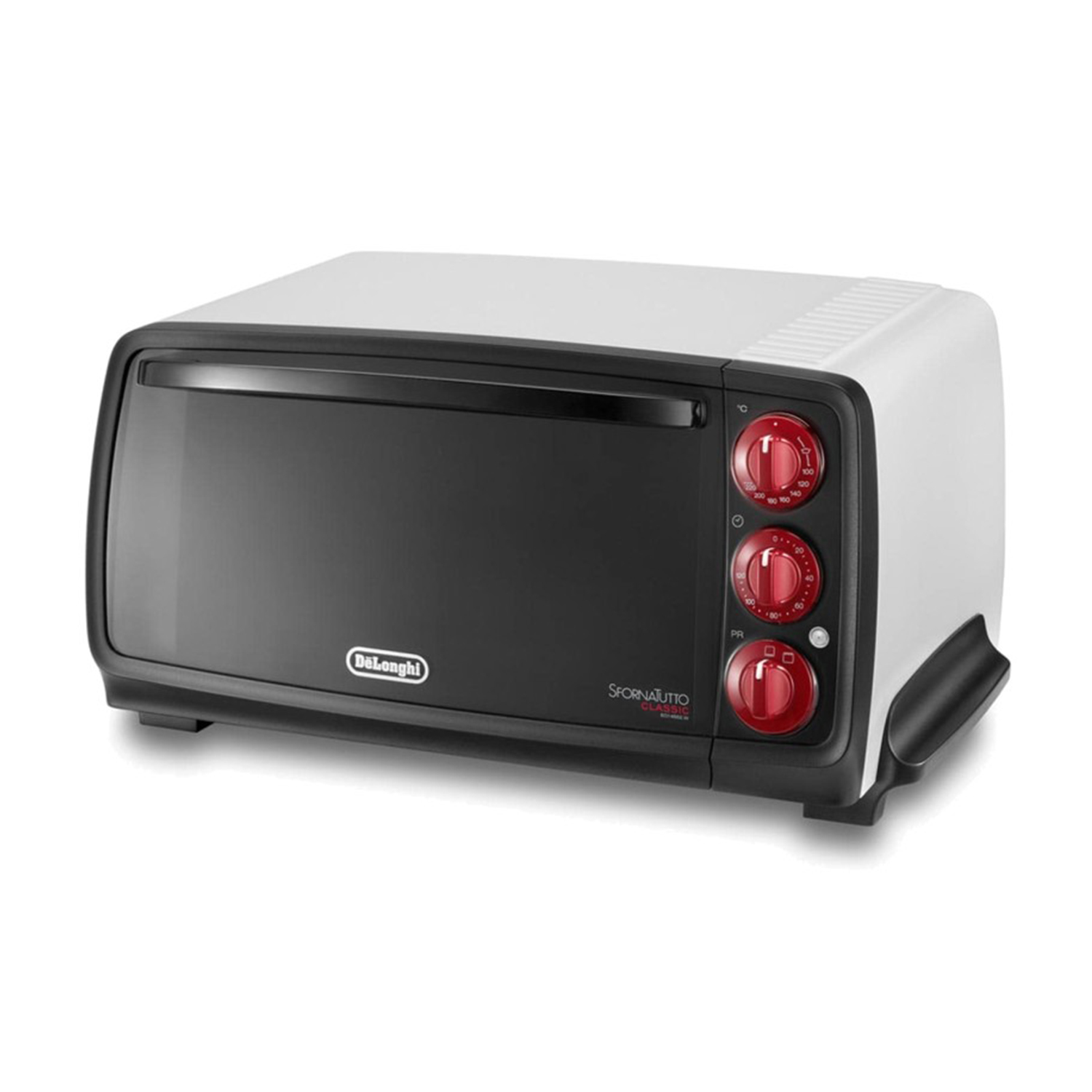 Un forno DeLonghi Sfornatutto Classic bianco e nero con manopole rosse.