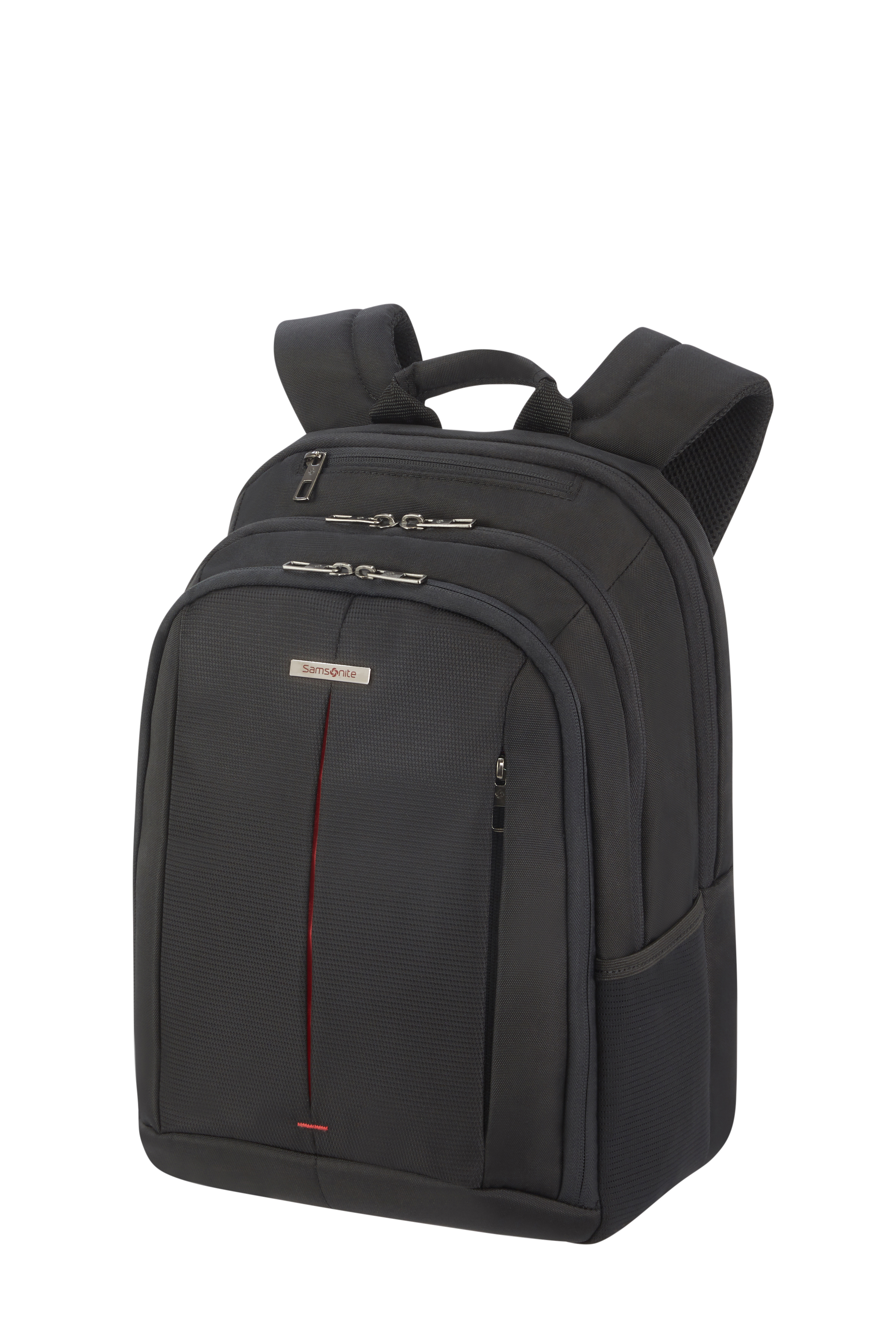 Siyah Samsonite sırt çantası. Önünde kırmızı bir şerit var. İki omuz askısı ve bir tutamak.