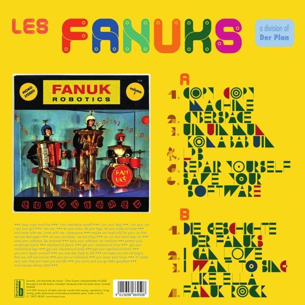 Albumcover mit Robotern, die Musik spielen, und gelbem Hintergrund mit Text und Songtiteln.