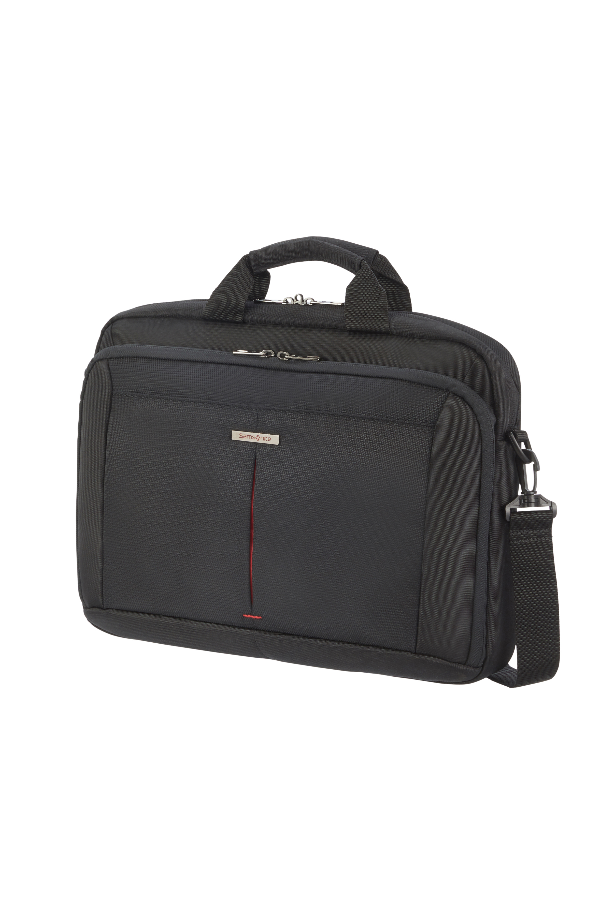 Kırmızı şerit ve omuz askısı olan siyah bir Samsonite evrak çantası.