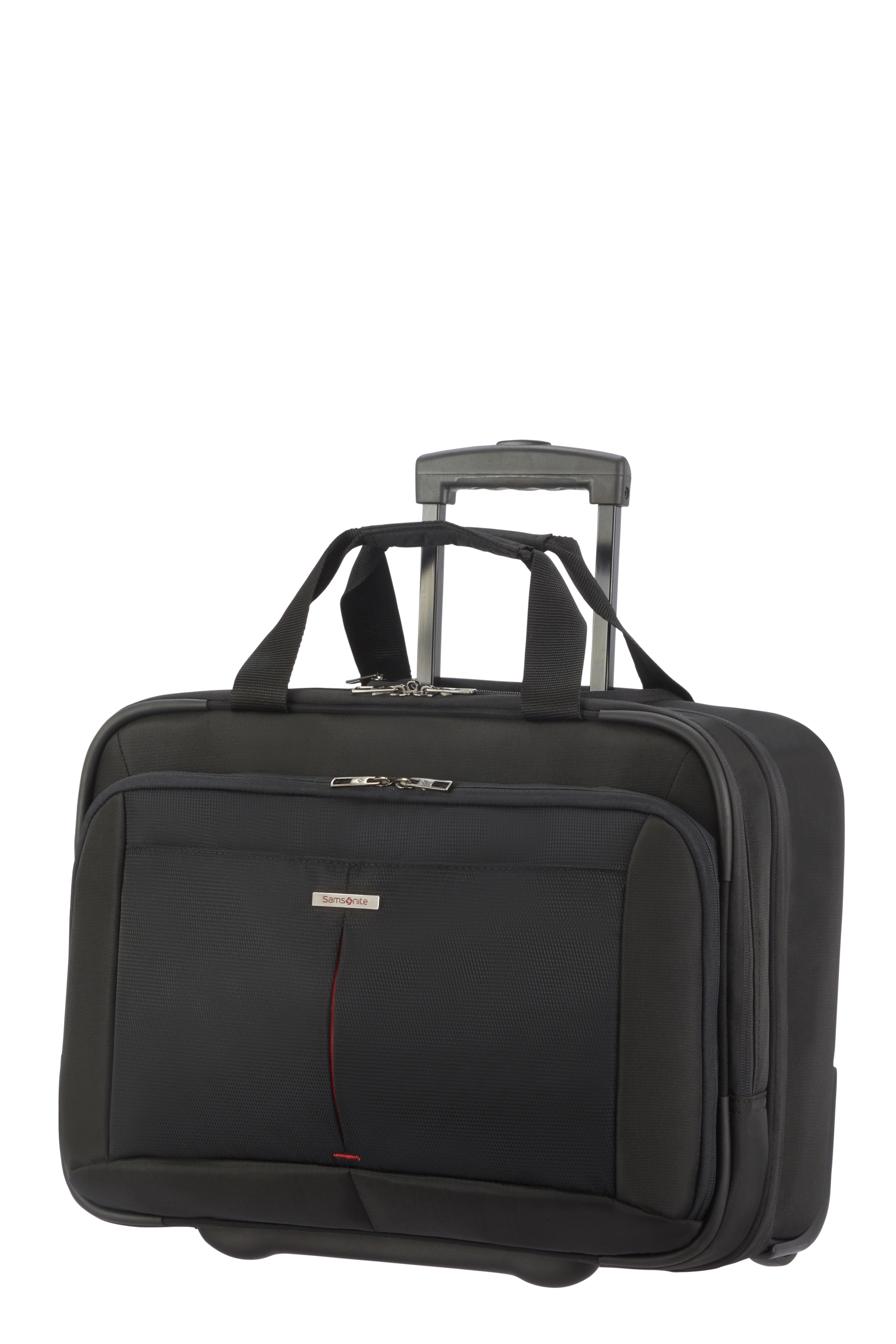 Siyah Samsonite tekerlekli bavul. Bir tutamağı, ön cebi ve kırmızı bir şeridi var.