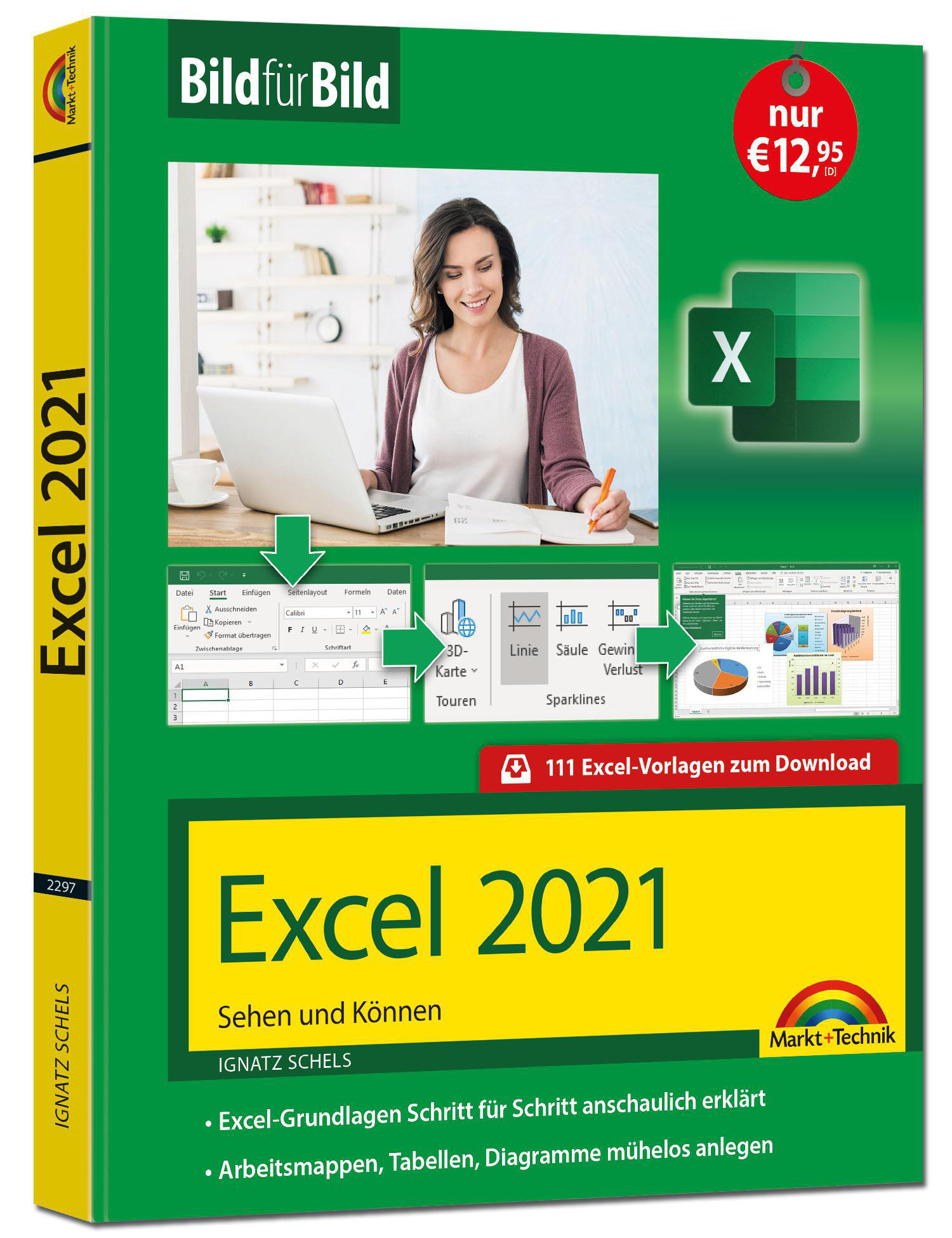 Buchcover für Excel 2021. Eine Frau arbeitet an einem Laptop, Diagramme werden auf dem Bildschirm angezeigt.